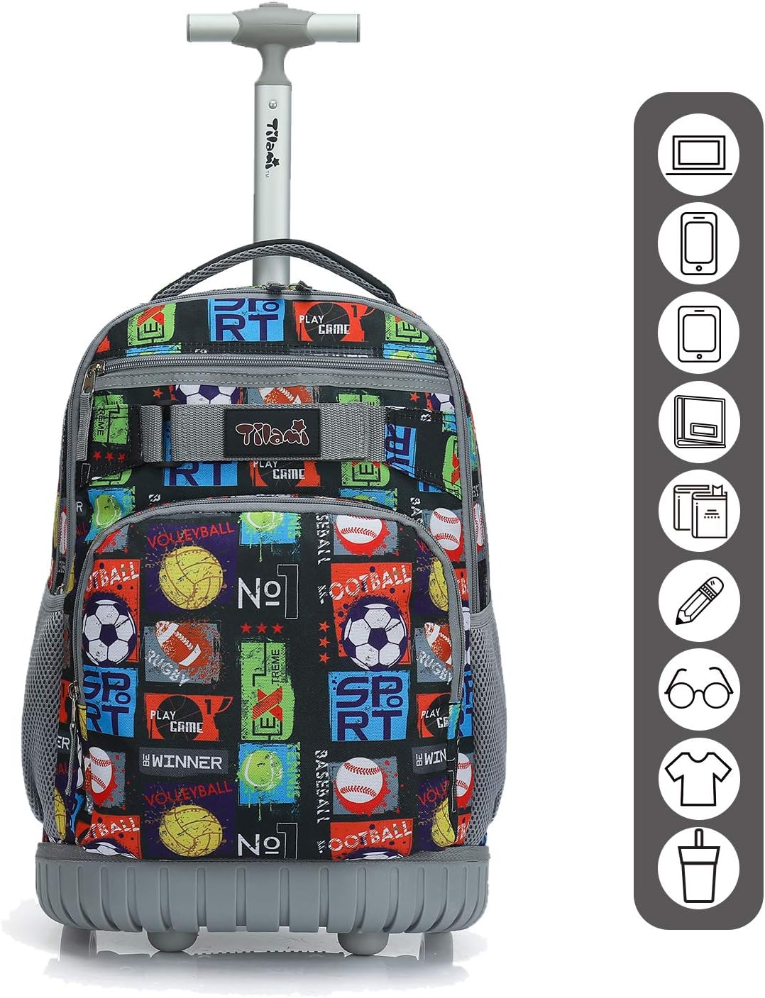 Tilami Rolling Backpack 19 inch with Lunch Bag Wheeled Laptop Backpack, Sport Balls