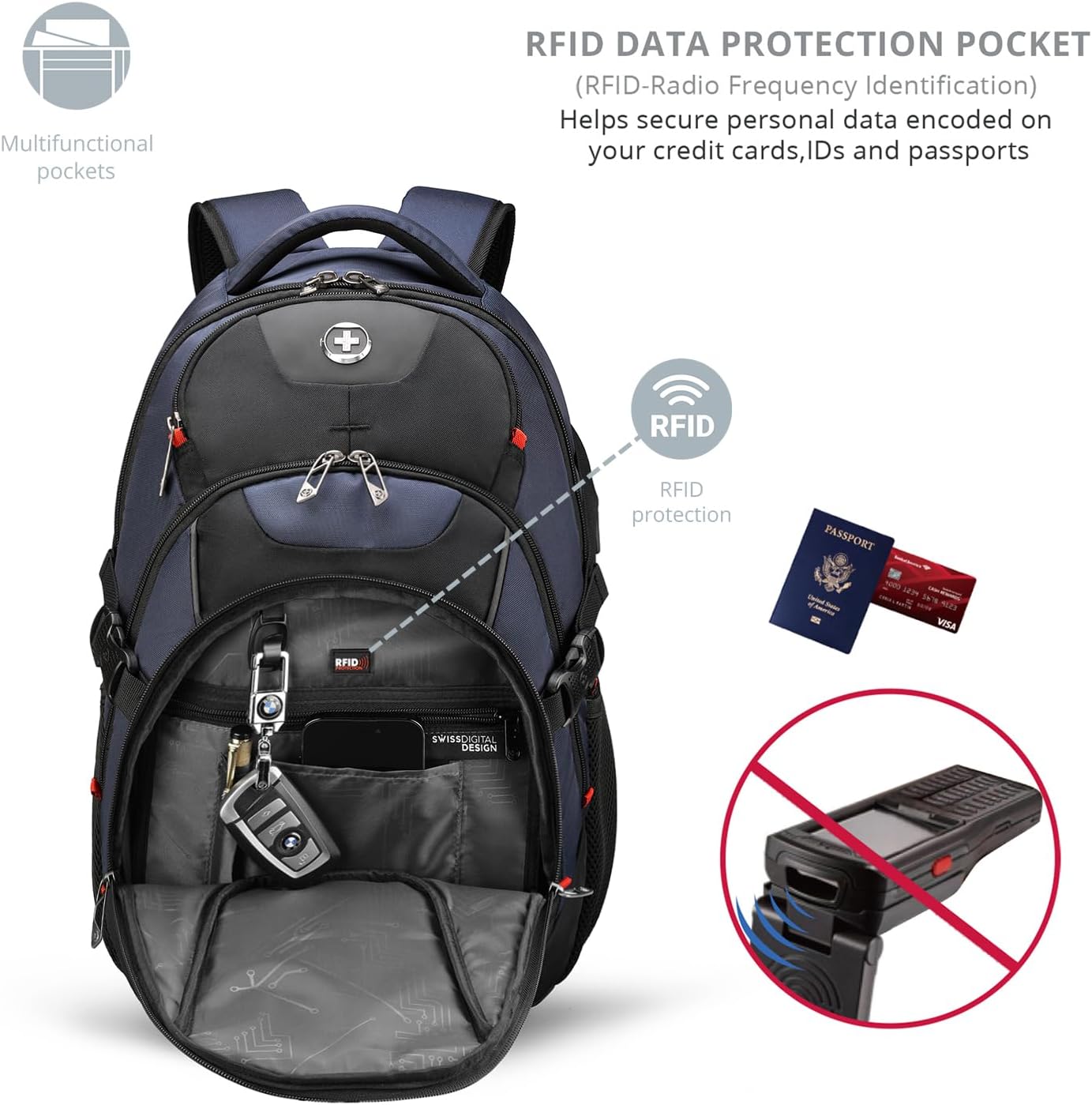 Swissdigital Design Travel Backpack for Men with Apple Find My, Laptop Backpack with USB Charging