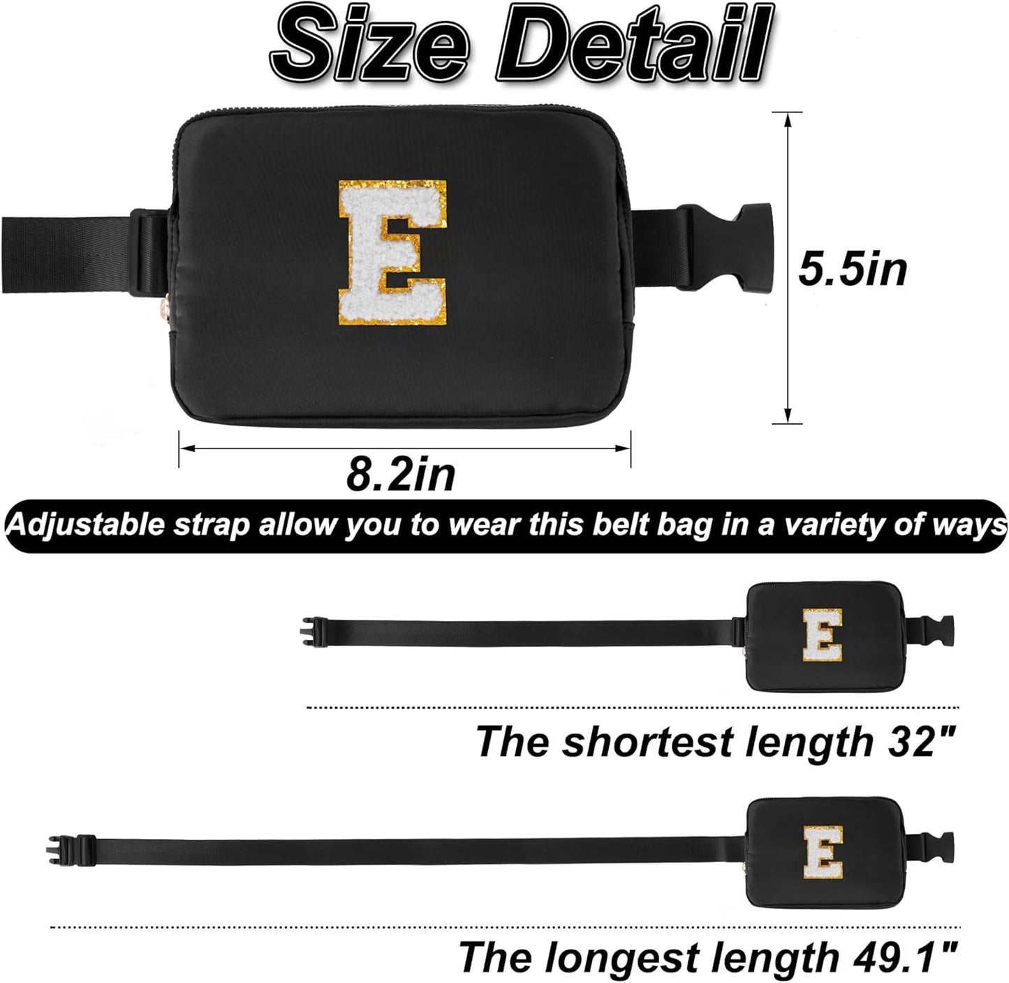 Belt Bag Crossbody Bags for Girls Women - Gifts for 8 9 10 11 12 13 Year Old Girl - Teen Birthday Gifts - Small Waist Packs Trendy Kids Fanny Pack - Initial White E,Black Bag