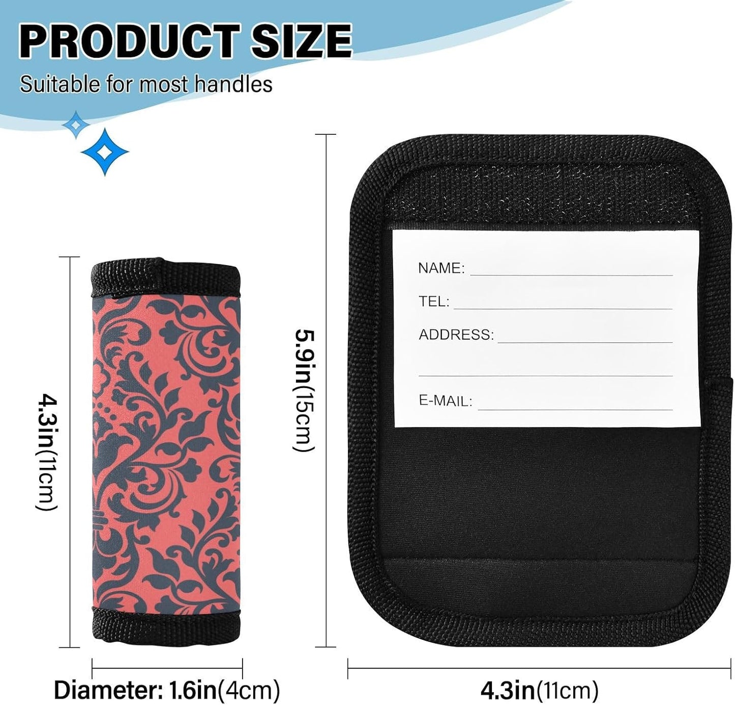 4 PC Luggage Handle Wrap Luggage Handle Covers Tags for Suitcase Bags Travel Luggage Handle Identifier Gripper Damask Red and Black