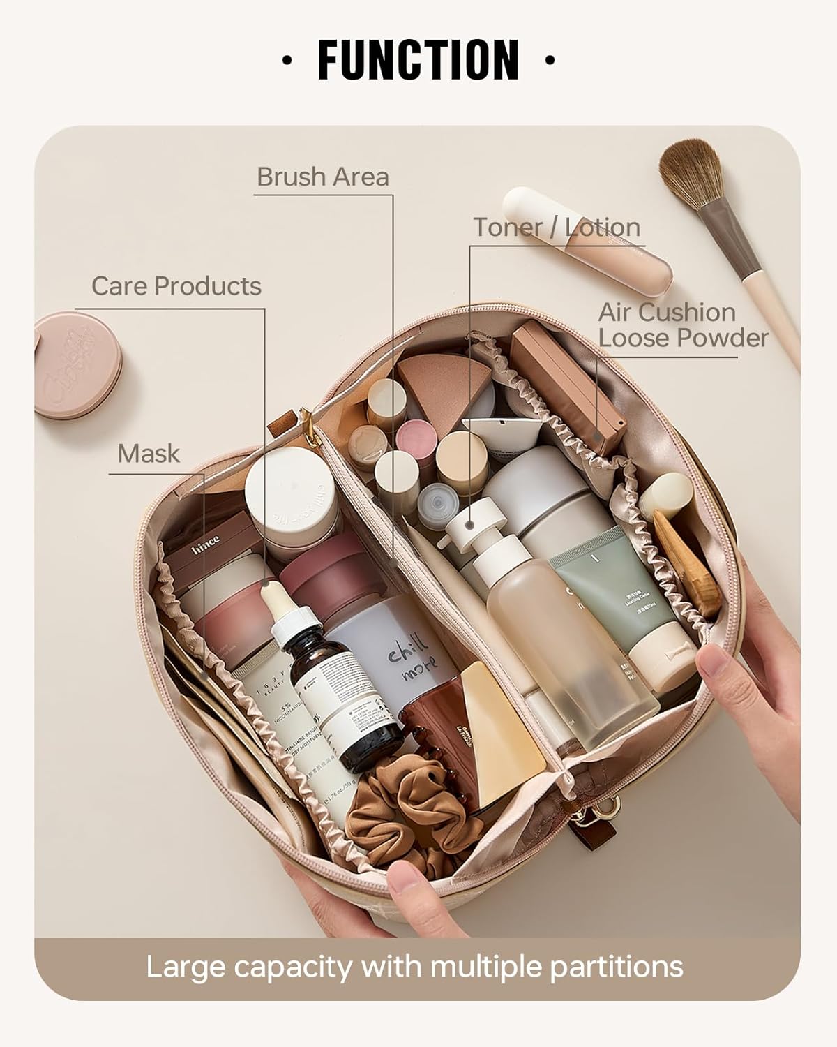 EACHY Travel Makeup Bag, Large Capacity Cosmetic Bags for Women, Waterproof Portable Pouch Open