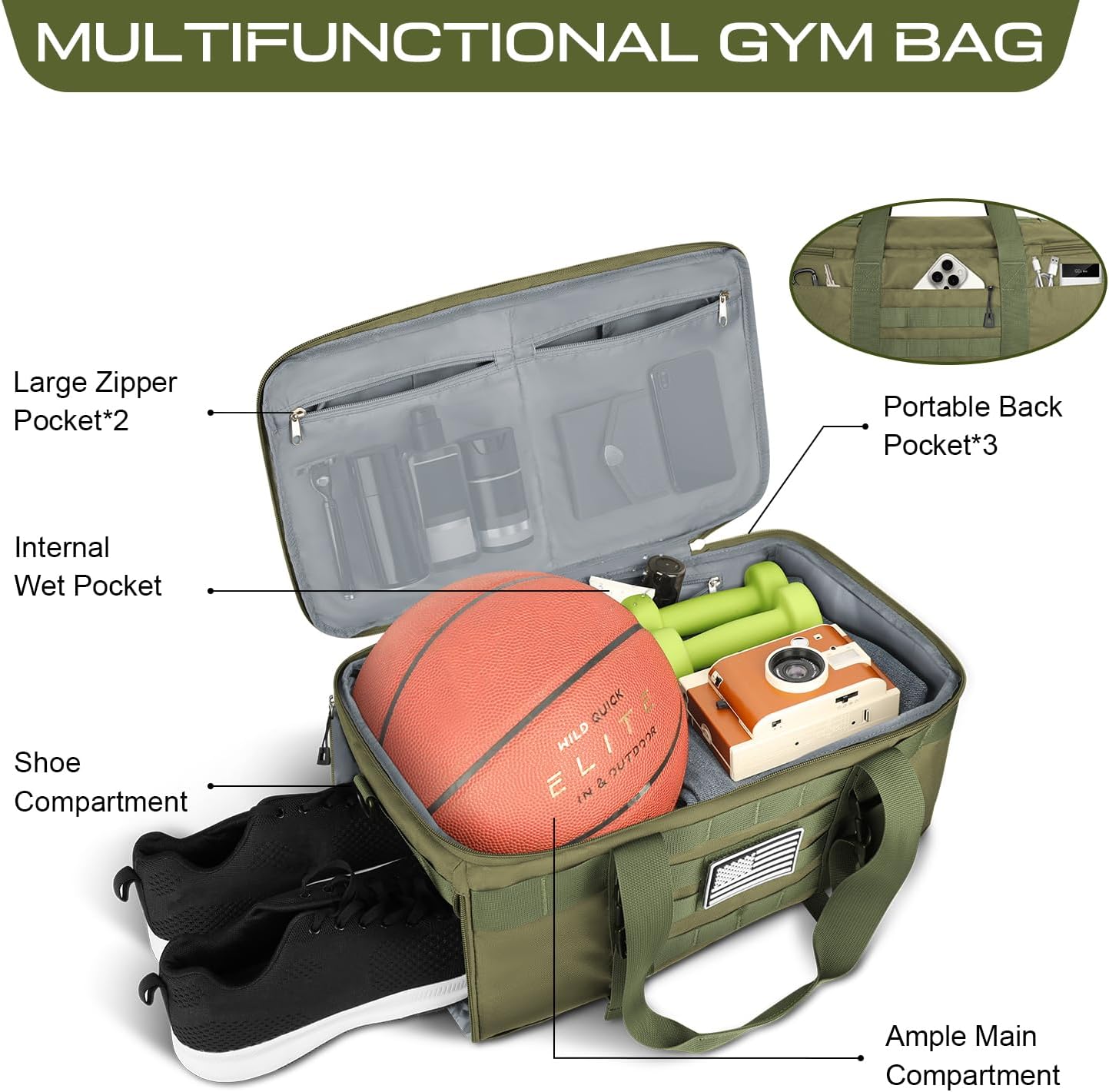 ETRONIK Gym Bags for Men Women, Military Duffle Bag Backpack with Shoe Compartment, 3 in 1 Carry on Bag Travel Backpack with Wet Pocket, Weekender Overnight Range Bag for Workout Football Gym, Green
