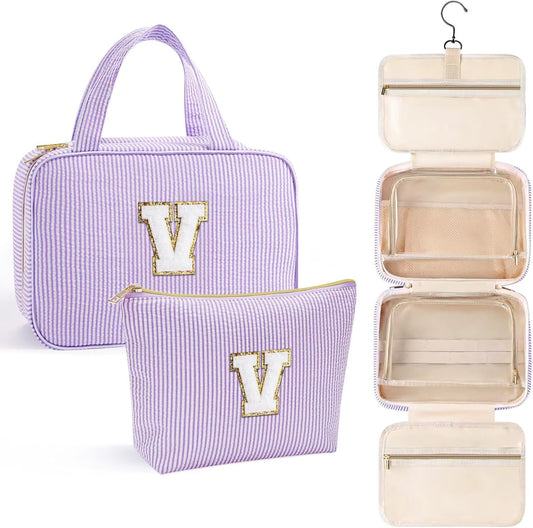 YOOLIFE Travel Toiletry Bag for Women - Hanging Toiletry Bag Makeup Bag, Portable Toiletries Cosmetic Bag, Airplane Travel Essentials - Letter V, Purple