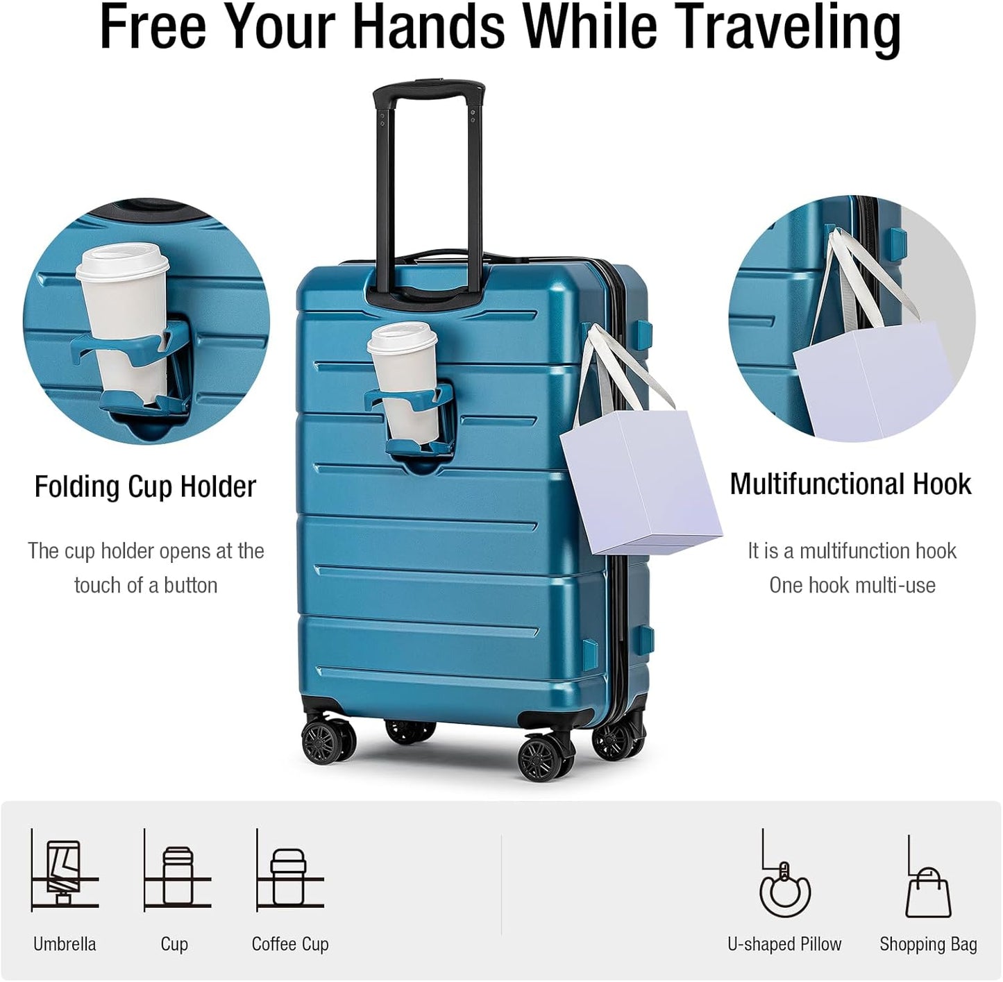 KYME 26 Inch Luggage TSA Approved Hard Shell Suitcases with Spinner Wheels Durable Medium Travel Checked Luggage with Cup Holder for Women Men Blue