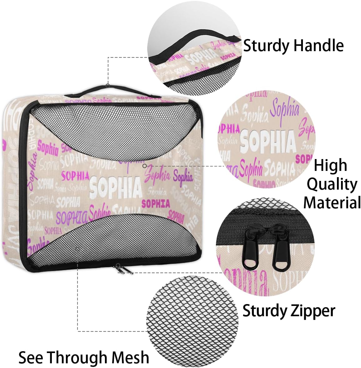 Custom Name 4 Pcs set travel luggage organizer Mesh Travel Essentials for Suitcases, Beige Background