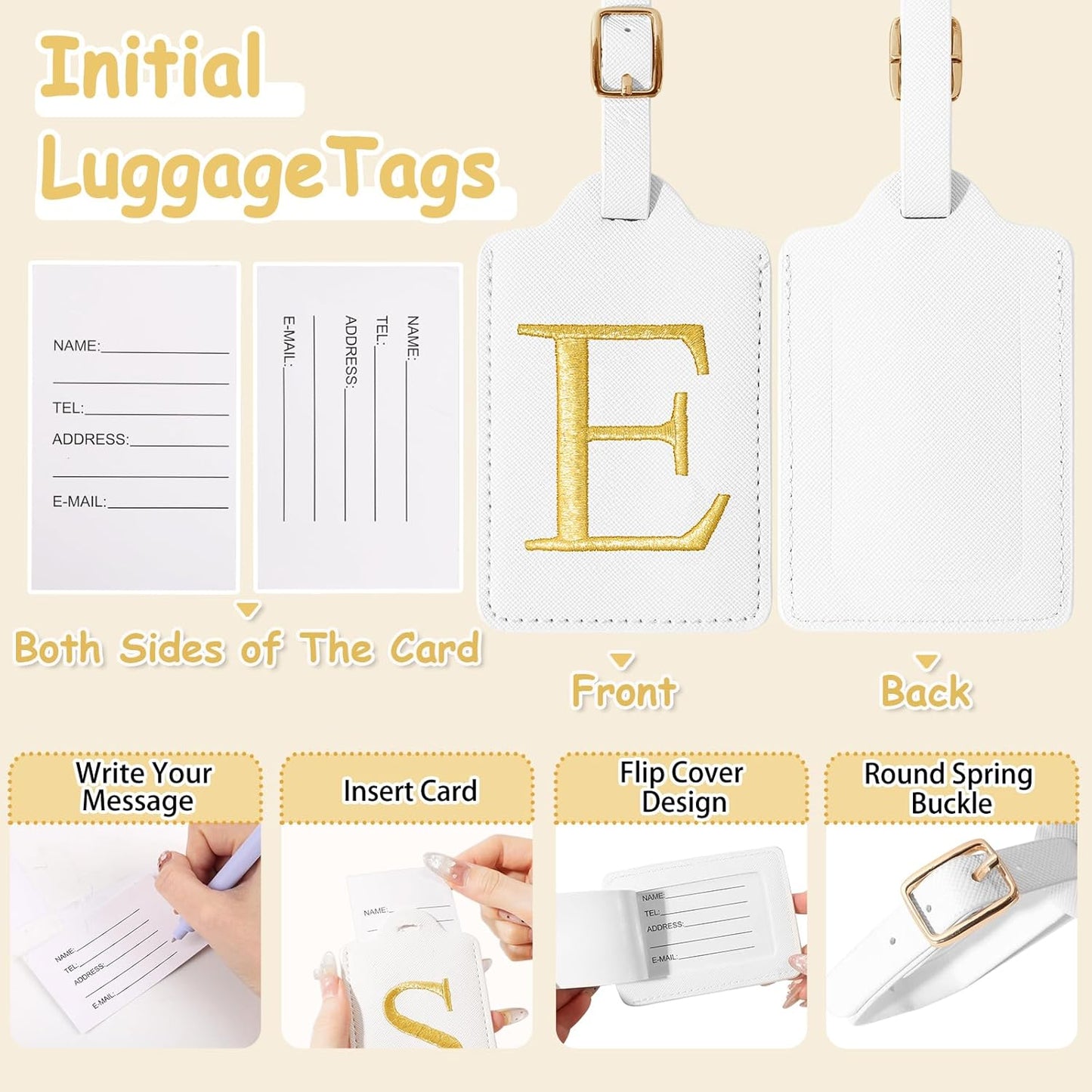 Initial Luggage Tags for Suitcases, Cute Embroidered Letter Luggage Bag Suitcase Identifier Name Baggage Tag, PU Leather Travel Luggage Tags, Bag Tags for Men Women Kids Luggage Handbags(White E)