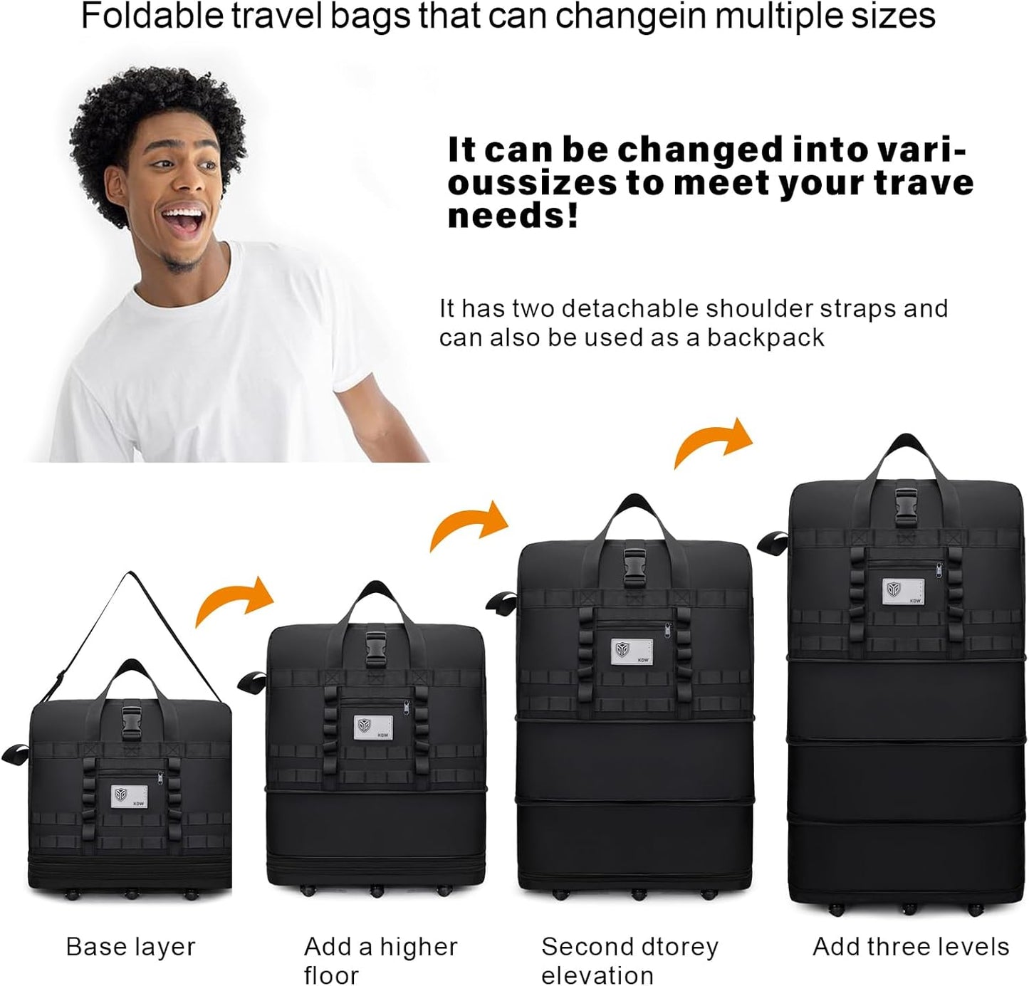 Men's and women's waterproof foldable luggage (black)