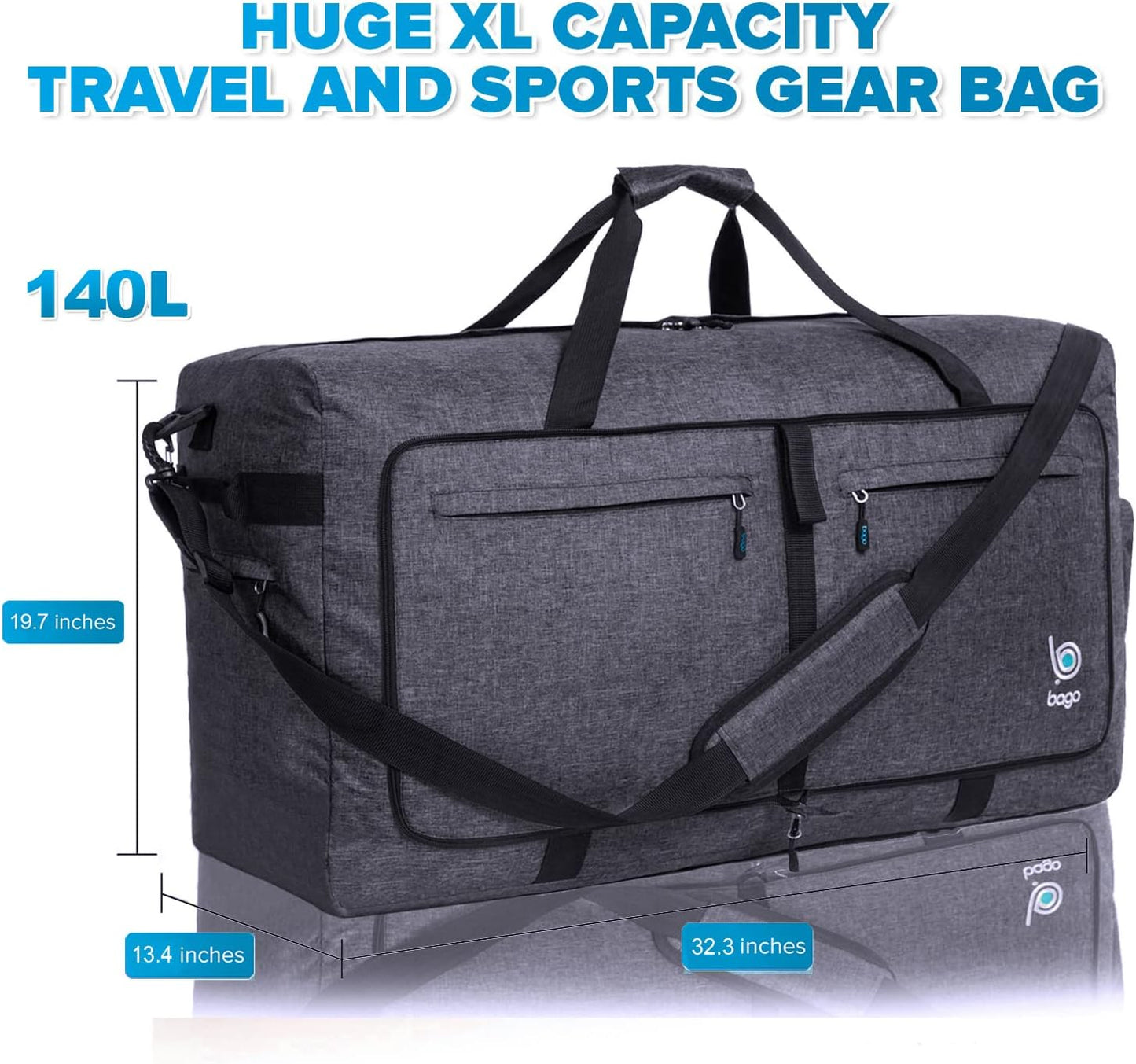 Bago Large Foldable Duffel Bags for Traveling Women & Men - 100L Packable Duffle Bag for Travel with Shoe Compartment - Water Repellant, Heavy Duty, Lightweight Folding & Collapsible (SnowBlack)