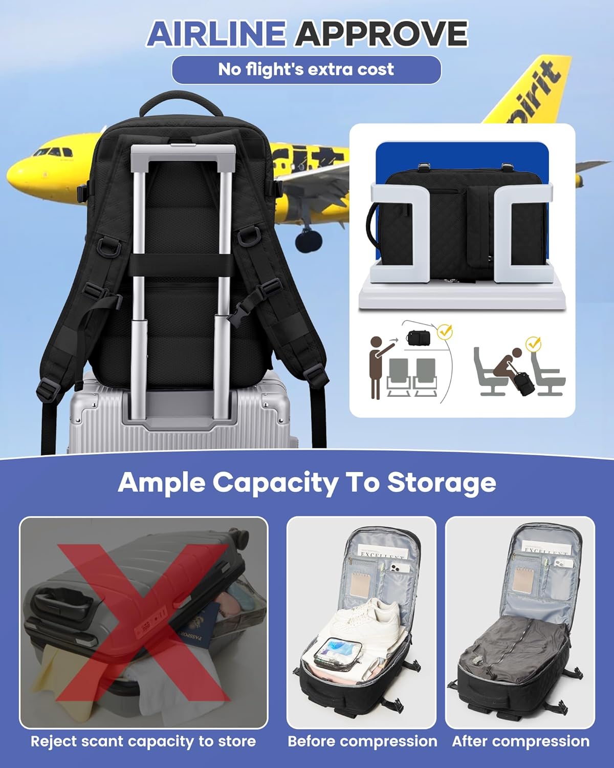 WONHOX Travel Vacuum Storage Backpack with Air Pump Vacuum Seal Compression Space Saver Bags Clothing Vacpack Travel Bag Carry on Personal item Laptop Work Backpacks Women Men Black