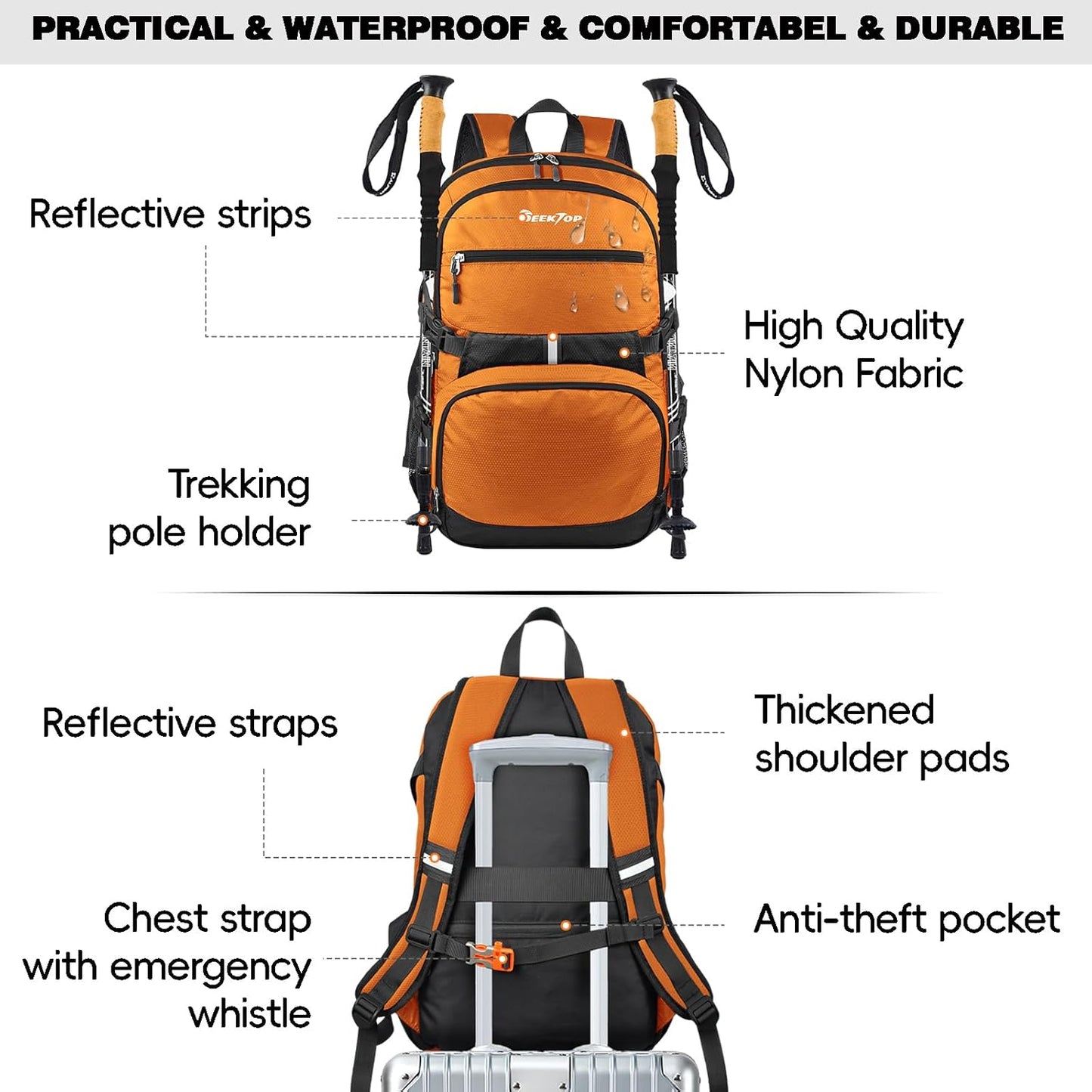 Seektop 40L Foldable Hiking Backpack for Women Men Lightweight Packable Travel Backpack Carry on Flight Approved for Outdoor Camping Sport Leisure (Orange)