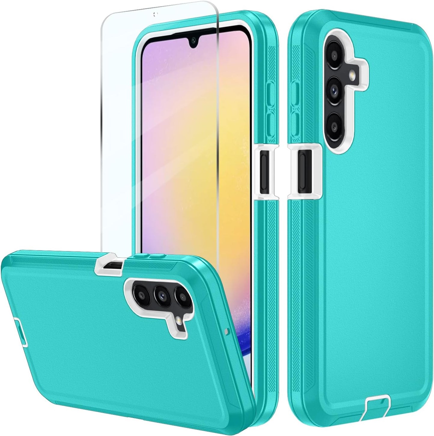 for Samsung Galaxy A17 5G case,A16 5G Heavy Duty case,with A Tempered Glass Screen Protector, [Military Grade Protective ] [Shockproof] [Dropproof] [Dust-Proof] (with Belt Clip-Teal/White)