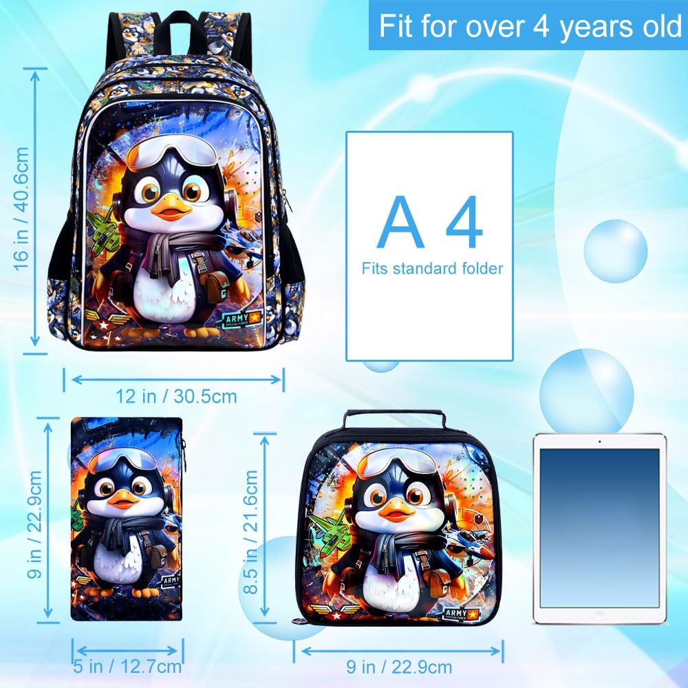 16" Backpack for Boys, 3Pcs Kids Bookbag with Lunch Box, Penguin School Backpacks for Elementary Preschool Kindergarten (Black)