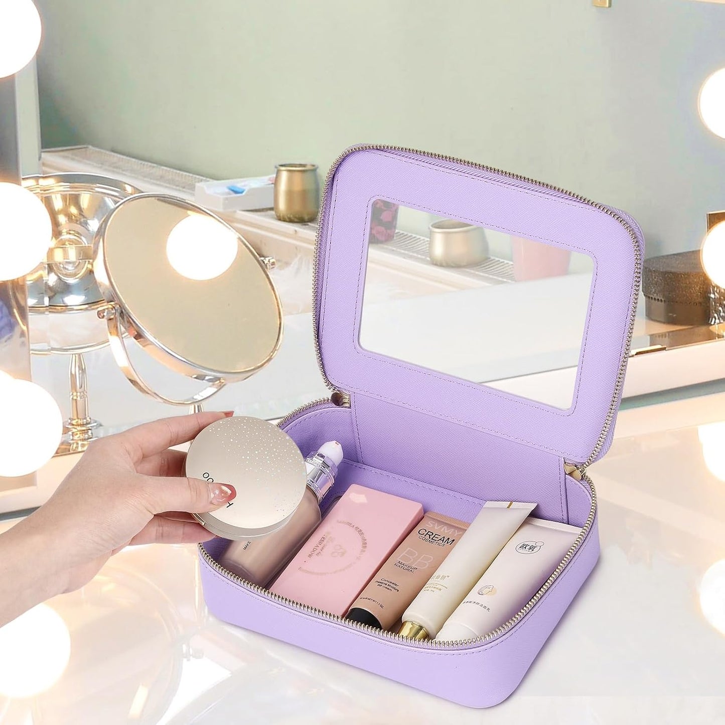 Clear Makeup Bag Women's Waterproof Travel Cosmetic Case and Toiletry Bag Portable Makeup Organizer Bag for Car with Zipper (Purple, M)