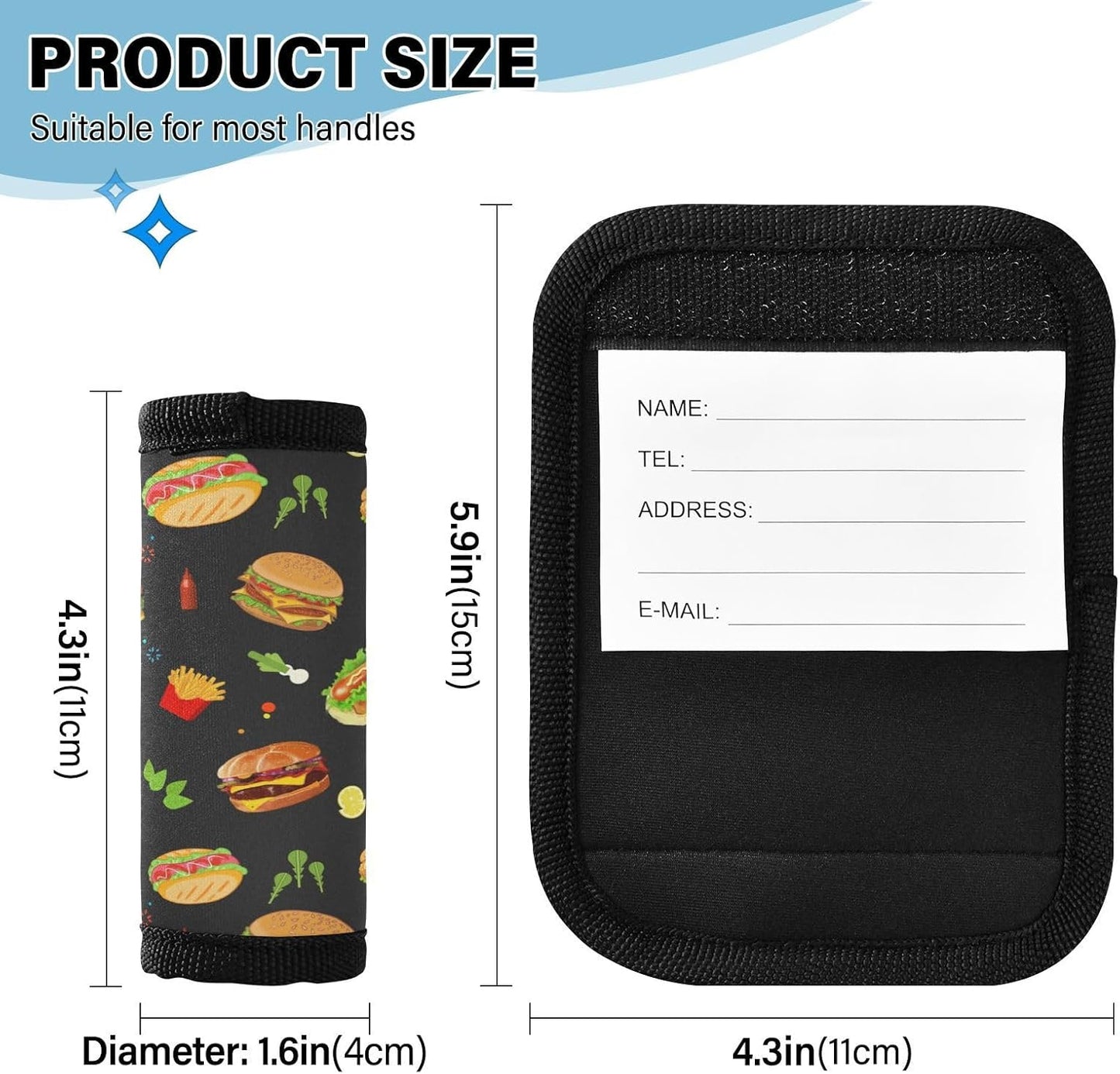 Cheeseburger 2 Pack Luggage Handle Wrap for Suitcase Luggage Identifier Travel Tags Handle Protection Sleeve Cover