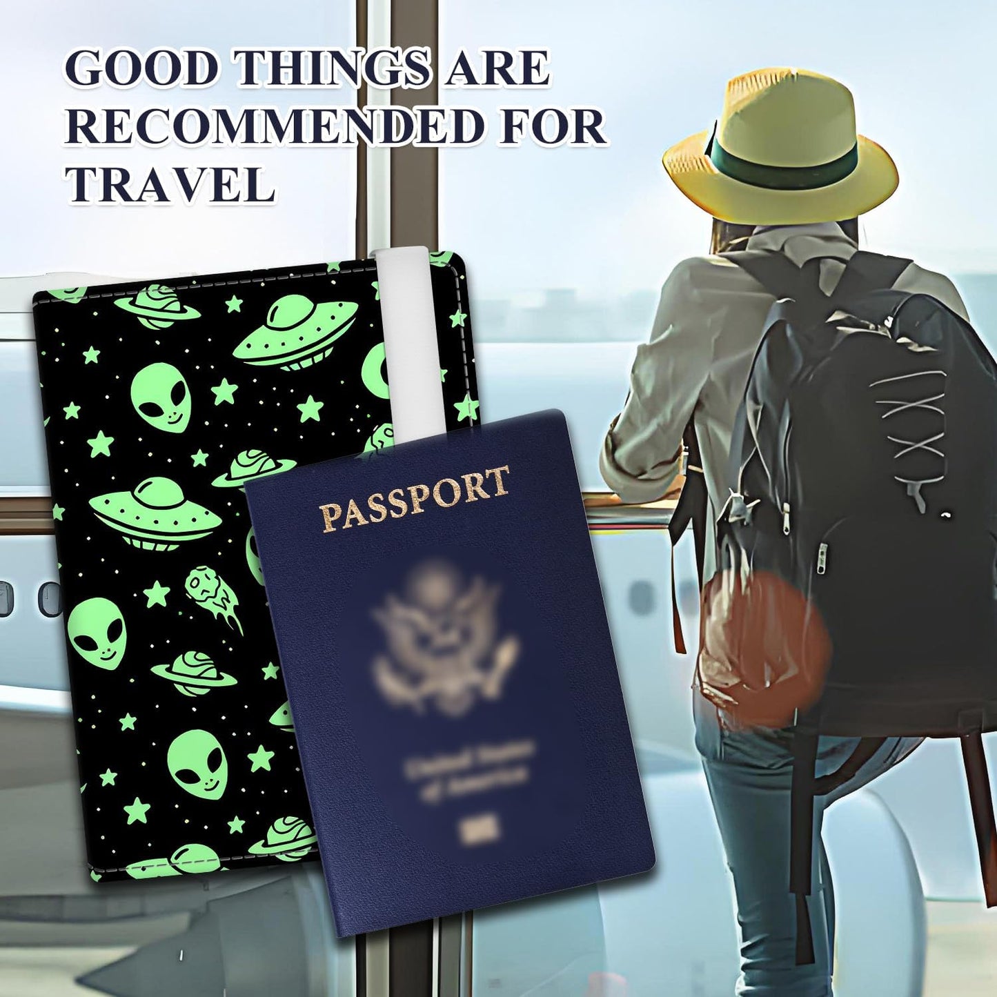 Passport Holder for Travel Essentials, RFID Premium Leather Passport Wallet Cover Case for Travel Must Haves Accessories, Passport Book Holders for Women Men Green Aliens