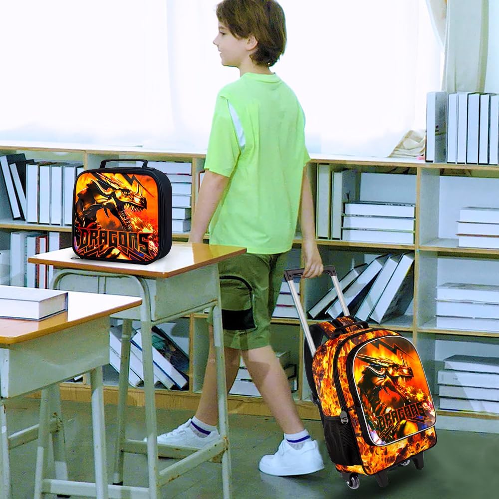3PCS Rolling Backpack for Boys, Kids Roller Bookbag with Wheels, Dragon Wheeled School Backpack for Elementary Preschool Kindergarten(Orange)