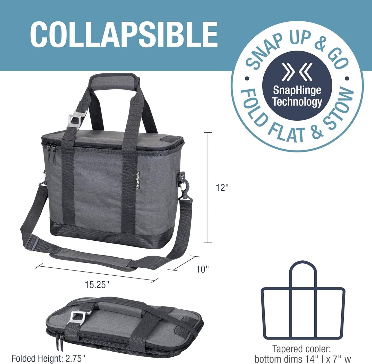 CleverMade Tahoe Collapsible Cooler Bag, Medium Travel Cooler, Gray