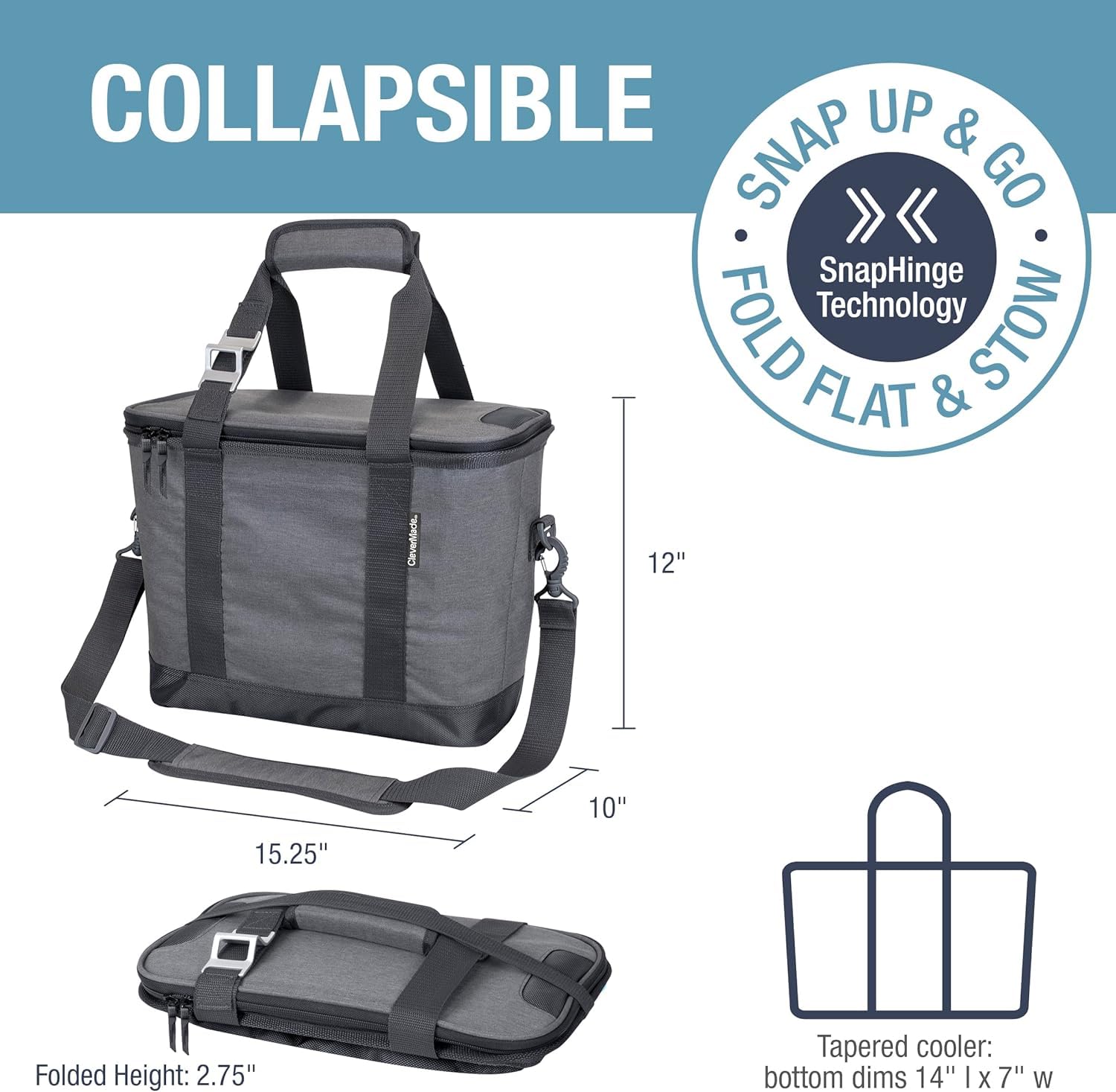 CleverMade Tahoe Collapsible Cooler Bag, Medium Travel Cooler, Gray