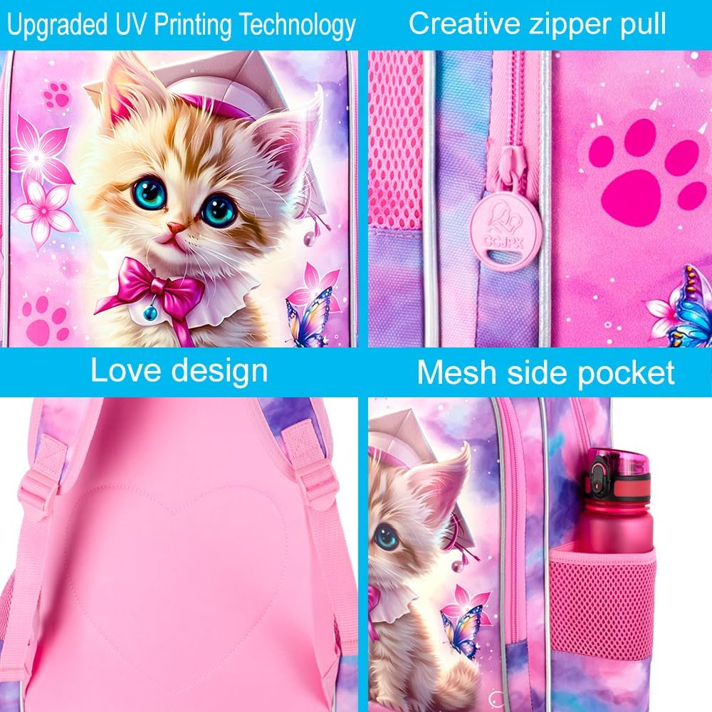 3PCS Girls Cat Bookbag, 16" Kids Backpackwith Lunch Box, Water Resistant School Bag for Elementary Preschool Toddler