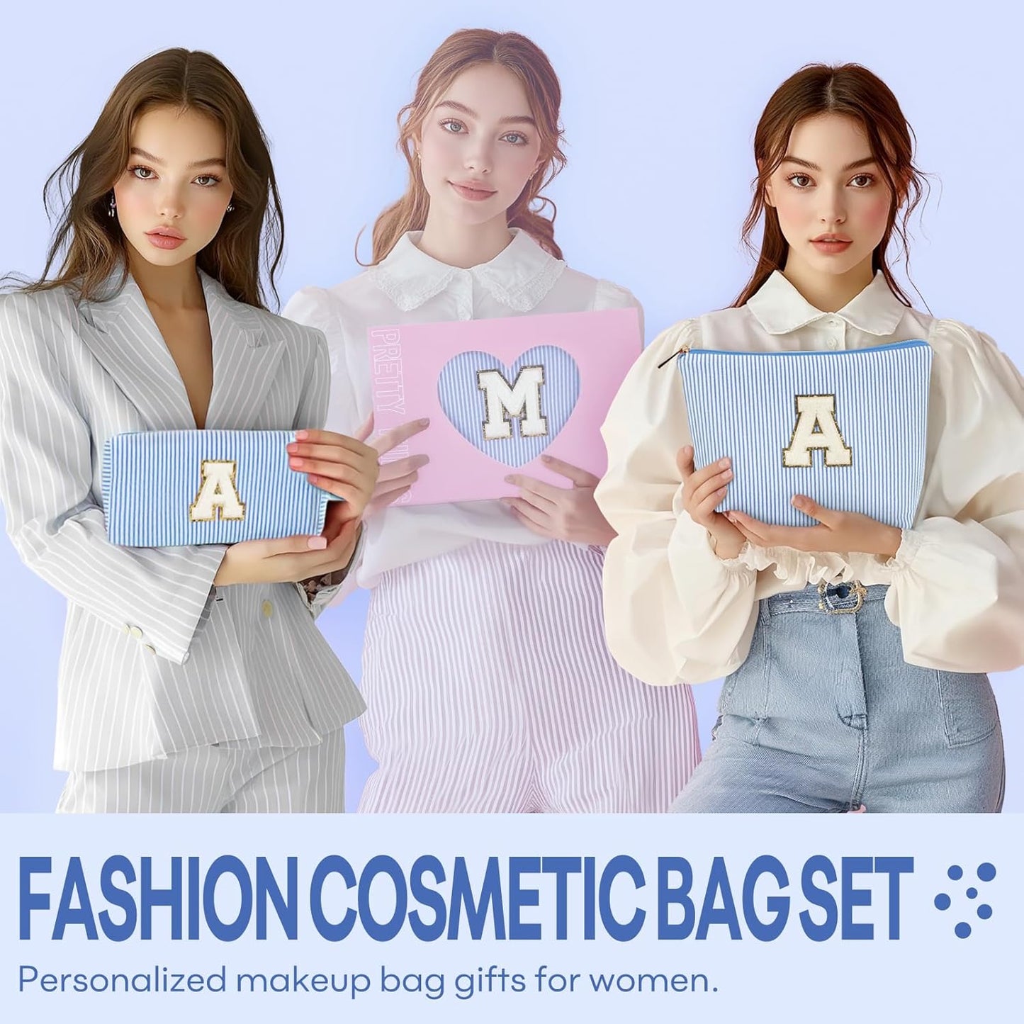 2 PCS Initial Makeup Bags for Women: Cosmetic Bag for Travel Toiletry - Birthday Gifts for 11 12 13 14 15 16 17 18 Years Old Girl Graduation Teacher Gift- Teen Girl Gifts Trendy Stuff - Blue N