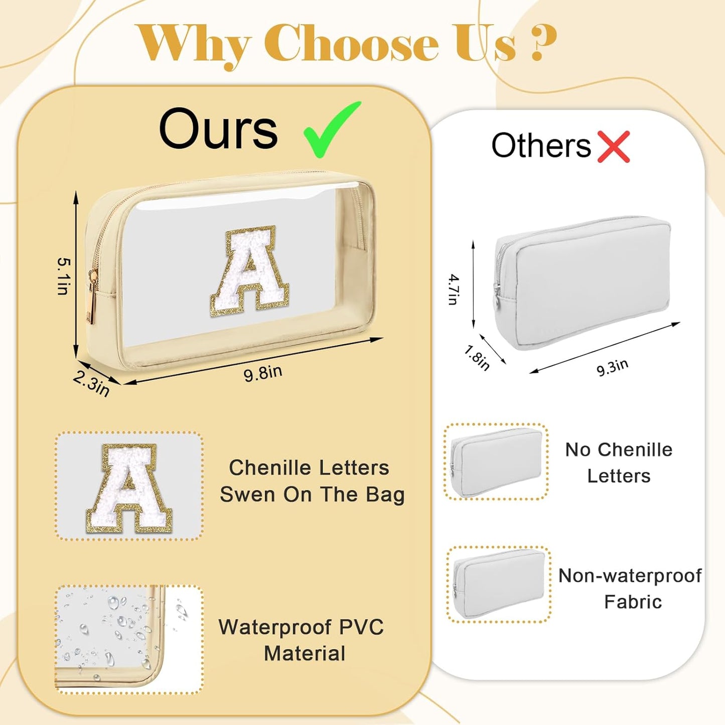 Personalized Initial Letter Clear Makeup Bag,Preppy Small Nylon&PVC Cosmetic Zipper Bag with