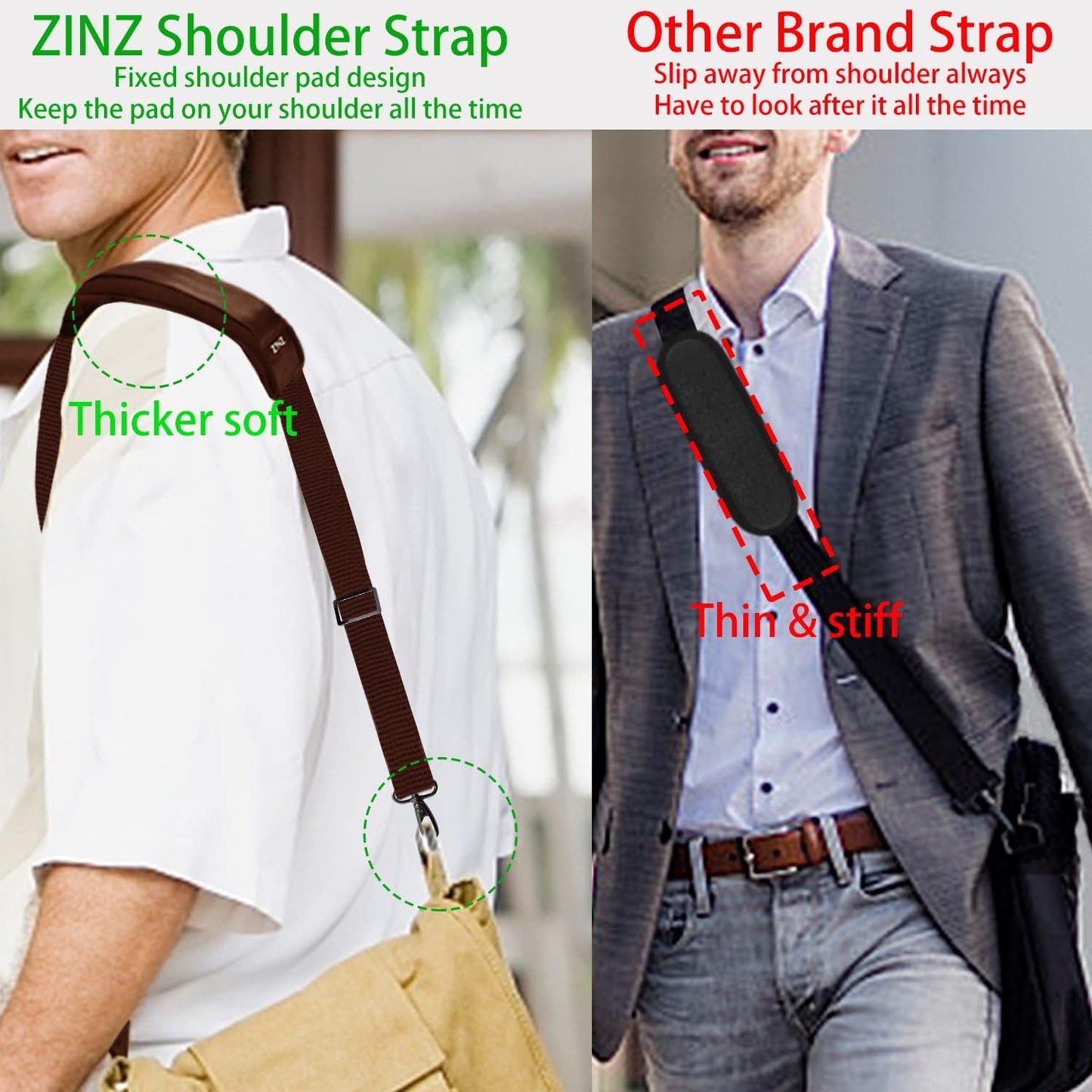 ZINZ Shoulder Strap 58" Ultra-Thick Fixed Padded and Adjustable Buckles Crossbody Strap for Briefcase Laptop Bag Luggage