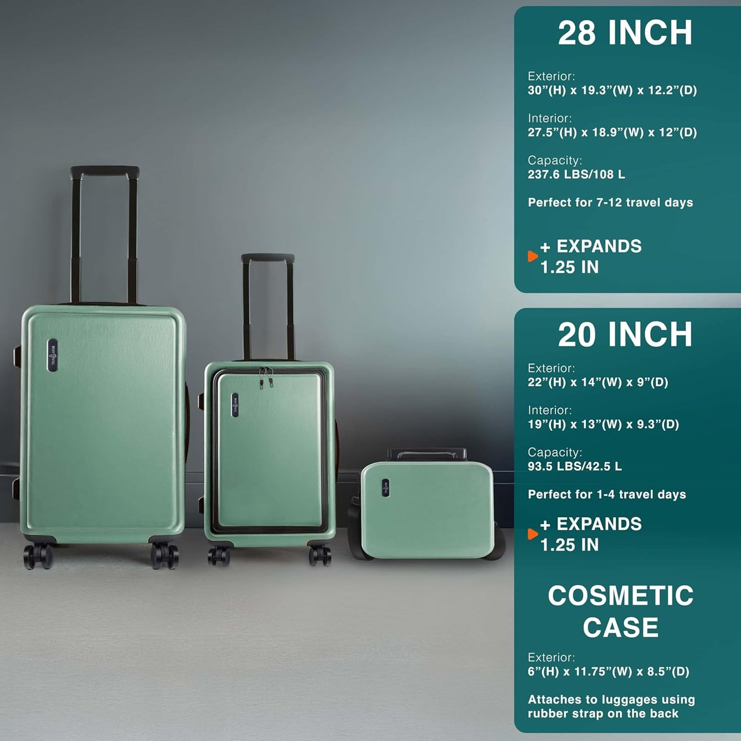 Luggage Sets 3 Piece, 22 Inch Carry on Luggage and 28 Inch Suitcases with Wheels Spinner, Durable Hard Shell Suitcase Set, Expandable Travel Suitcase, Sage Green