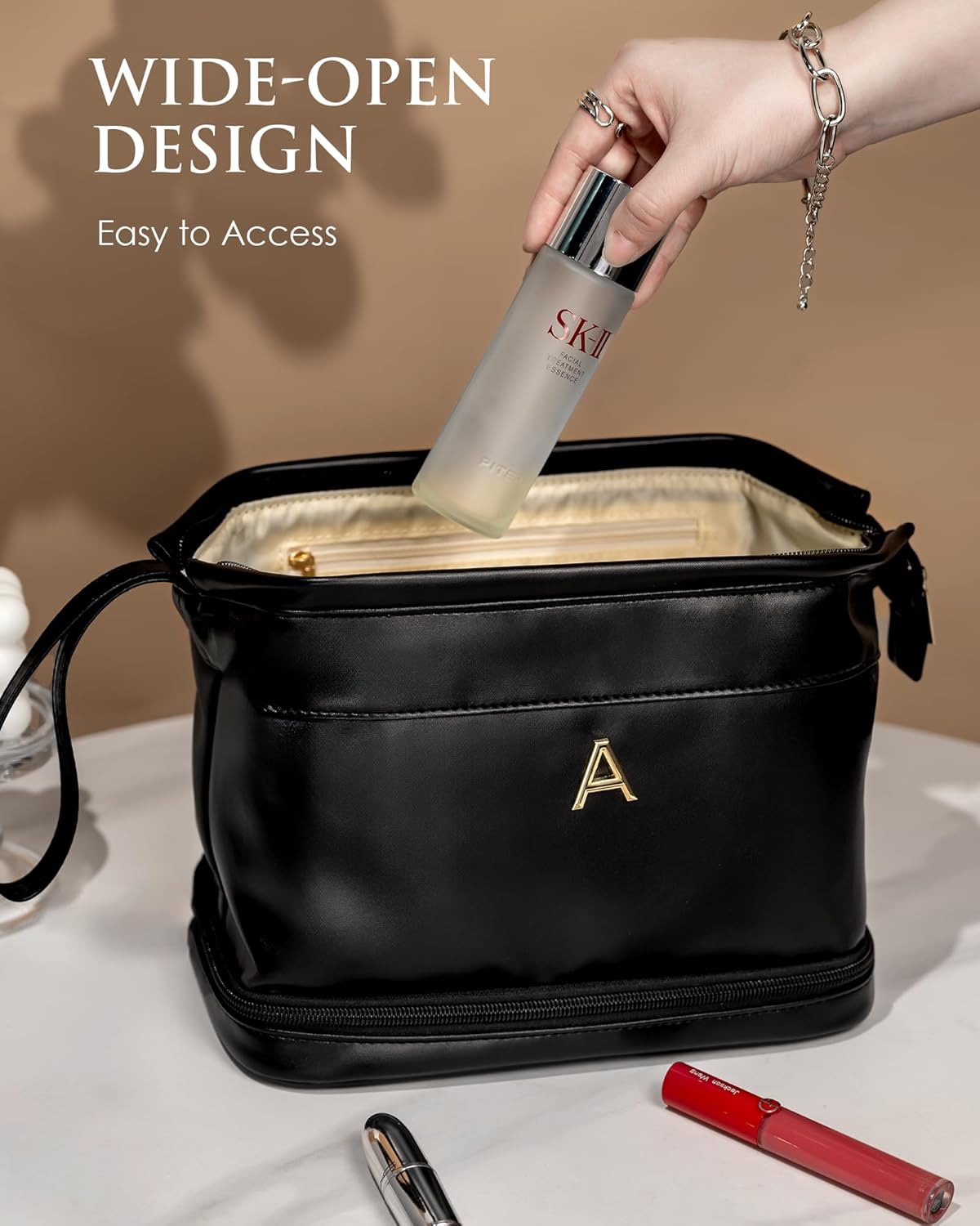 Girlfriend Gifts, Initial Large Makeup Bag, Personalized Double Layer Cosmetic Bag with Makeup Brush Organizer, Birthday Gift Bag for Women/Girl PU Leather Toiletry Bag Bridesmaids Gift