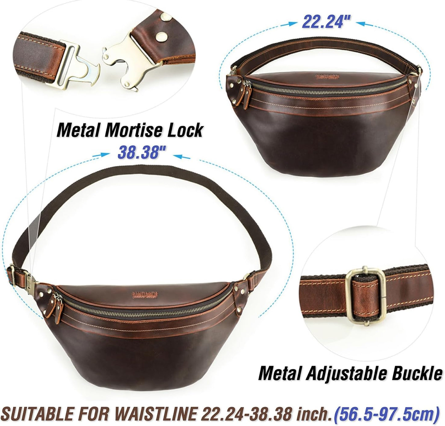 Top Grain Genuine Leather Large Size Fanny Pack for Man & Woman, Minimalist Vintage Design, Handmade with Detachable Hardware, Slim Waist Pack Large Crossbody Belt Bag for Traveling or Riding, Black