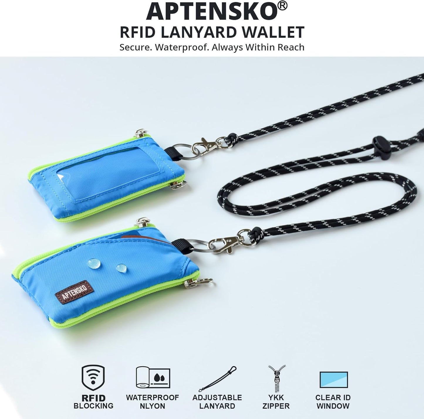 RFID Travel Wallet with Adjustable Lanyard-Zipper Small Wallet with ID Card Holder, Keychain for women&men-Minimalist Slim Waterproof Nylon case for ID, Cash, Key (Sky Blue)