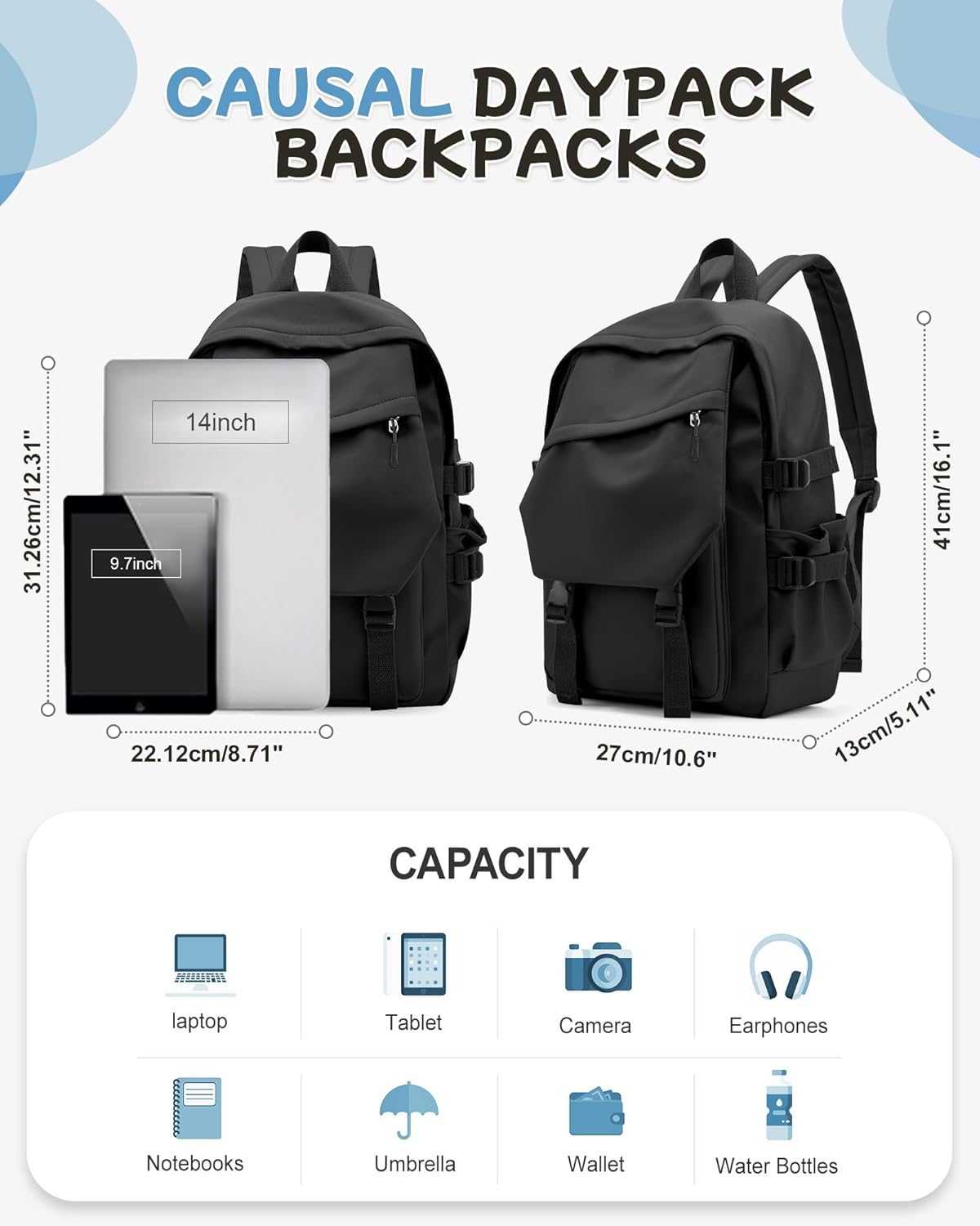 Black Travel Laptop Backpack For Women Small Computer Work Backpack For Men Lightweight College Teacher Backpacks For Women Causal Daypack Backpacks