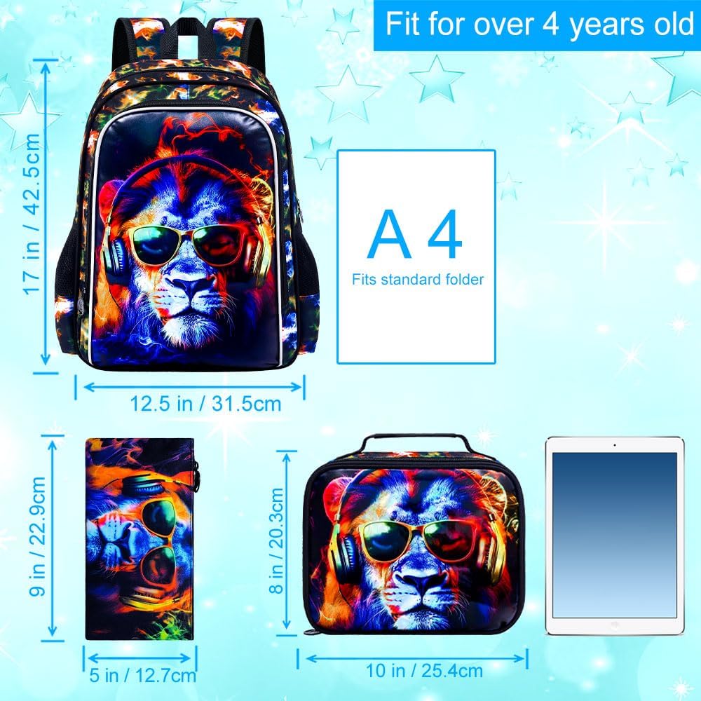 3PCS Boys Lion Bookbag, Water Resistant Kids Backpack with Lunch Box, 17" School Bag Set for Teenagers Middle Elementary - Sunglasses Lion