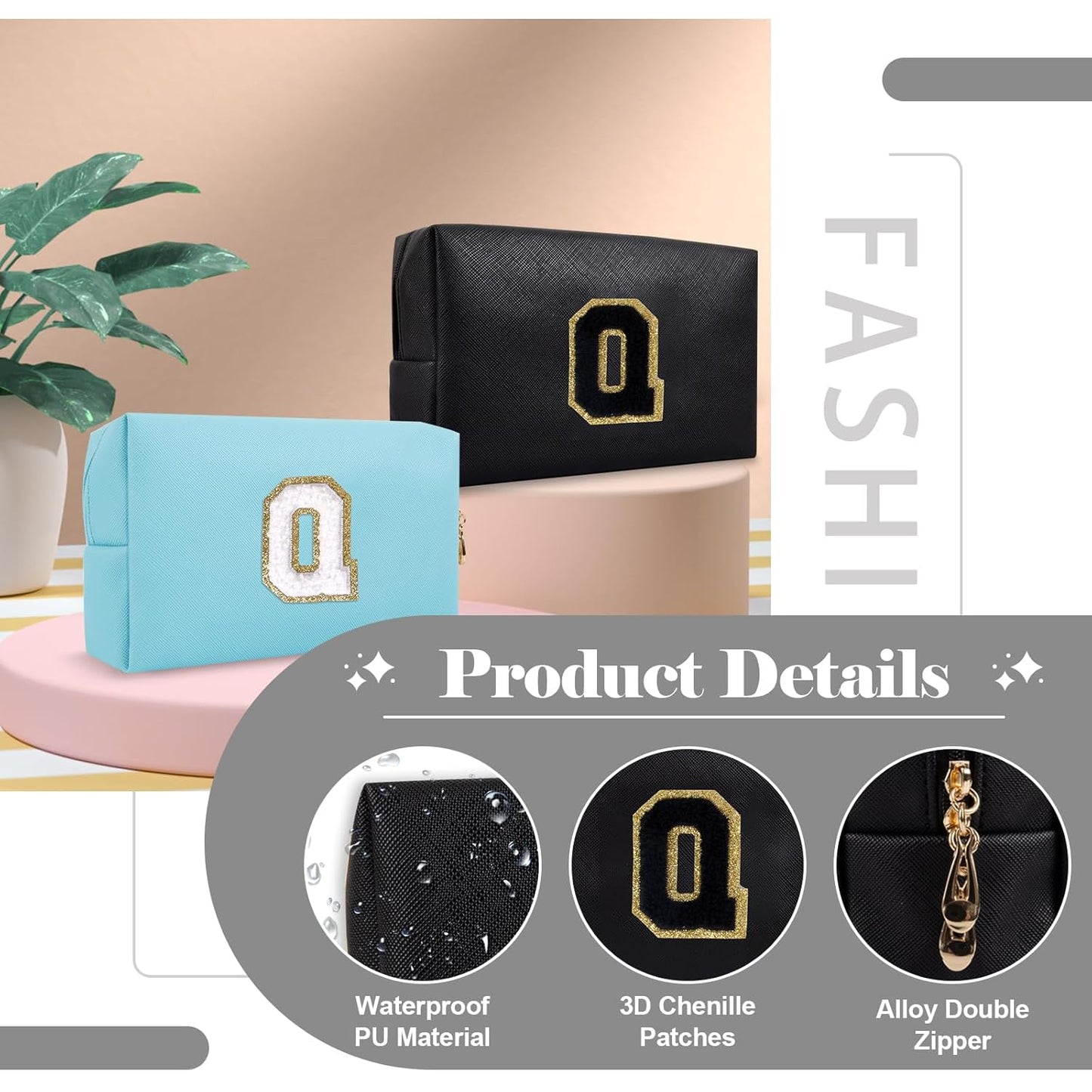 Personalized Initial A-Z Preppy Patch Makeup Bag,Small PU Chenille Letter Cosmetic Bag with Zipper for Teen Girls,Black Cute Toiletry Organizer Bag,Monogram Makeup Case Gift for Women Girls,Letter Q