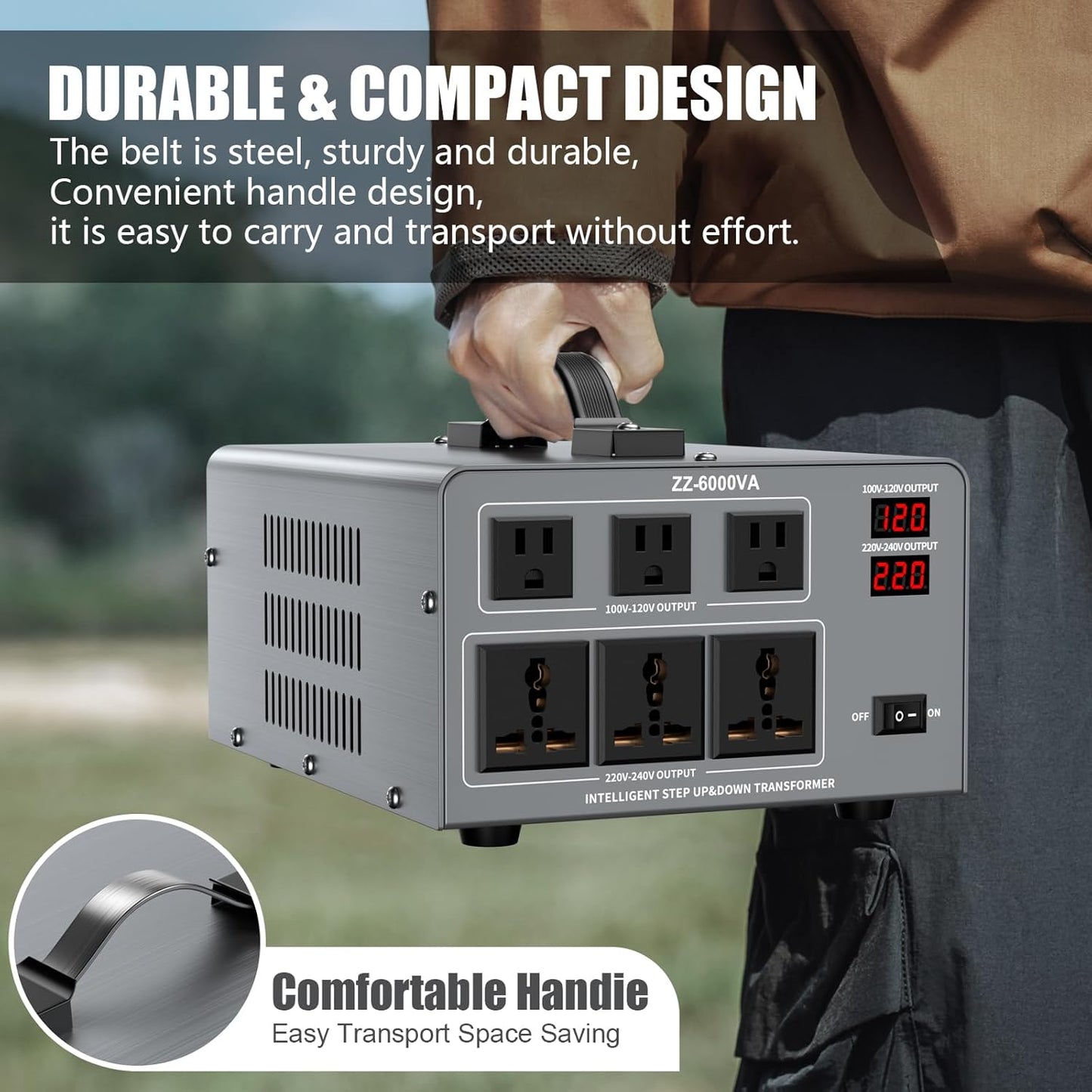6000W Voltage Auto Converter Transformer, Heavy Duty Step Up/Down Power Converter 110/120/220/240V with 3 US Outlets,3 Universal Outlets,LED Display,w/US Standard Power Cord Circuit Breaker Protection