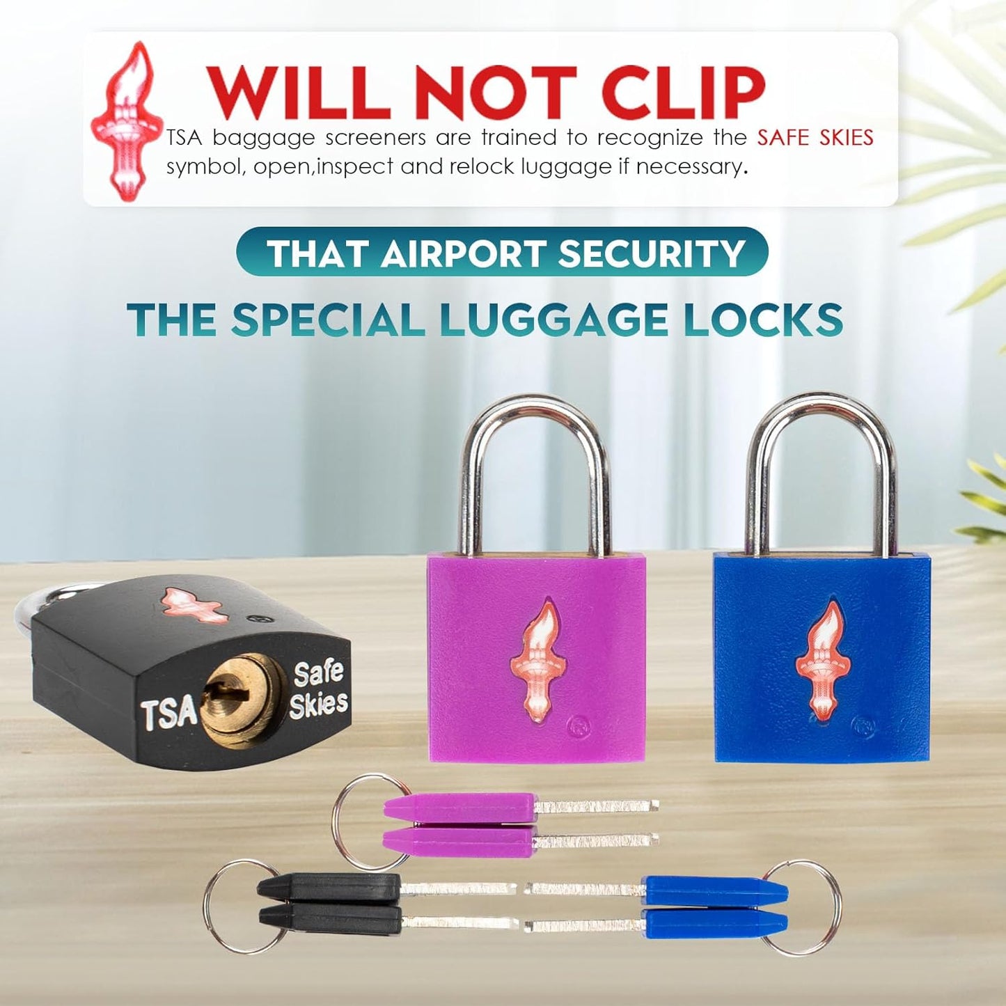 TSA Approved Luggage Locks 4 Pack - 2 Black & 2 Blue Keyed Travel Locks | 8 Keys, Lightweight Brass Padlocks with Rubber Coating for Suitcases, Bags, Backpacks (TSA Certified)
