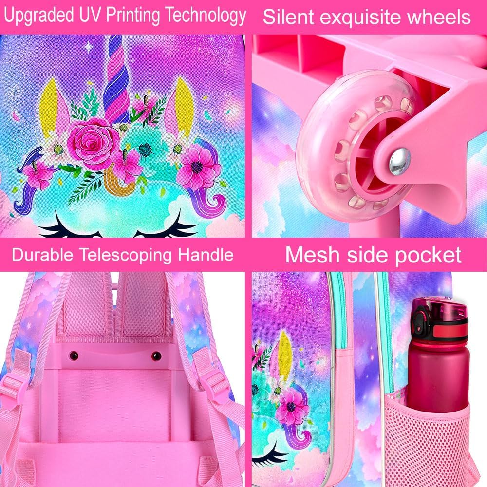 3PCS Rolling Backpack for Girls and Boys, Kids Roller Wheels Bookbag, Wheeled Elementary School Bag with Lunch Bag