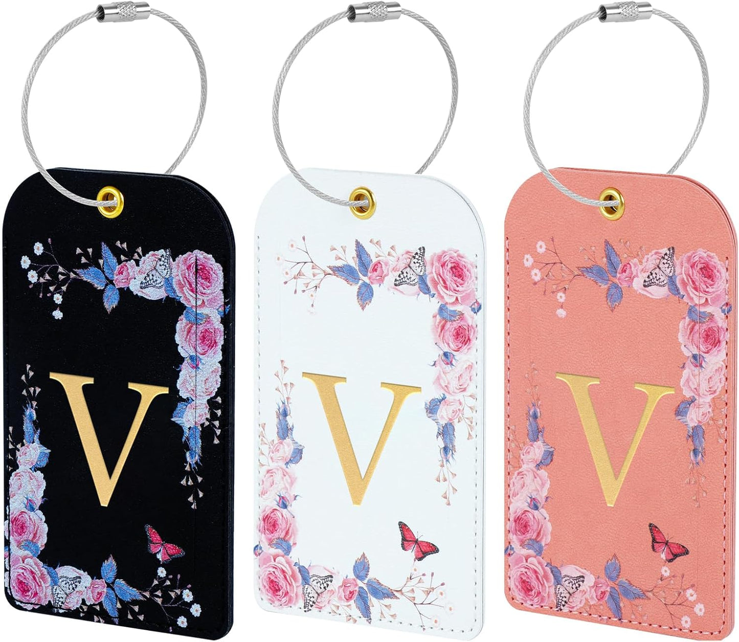 3 Pack Luxury Floral Luggage Tags, Durable PU Leather Suitcase Tags with Stainless Steel Cable