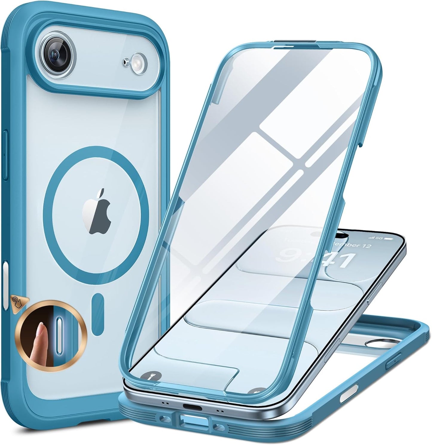 Miracase Magnetic for iPhone Air Case 6.5" [Compatible with MagSafe] Full-Body Phone Case with Built-in Glass Screen Protector & Camera Control,Drop Proof iPhone 17 Air Case Cover, Blue