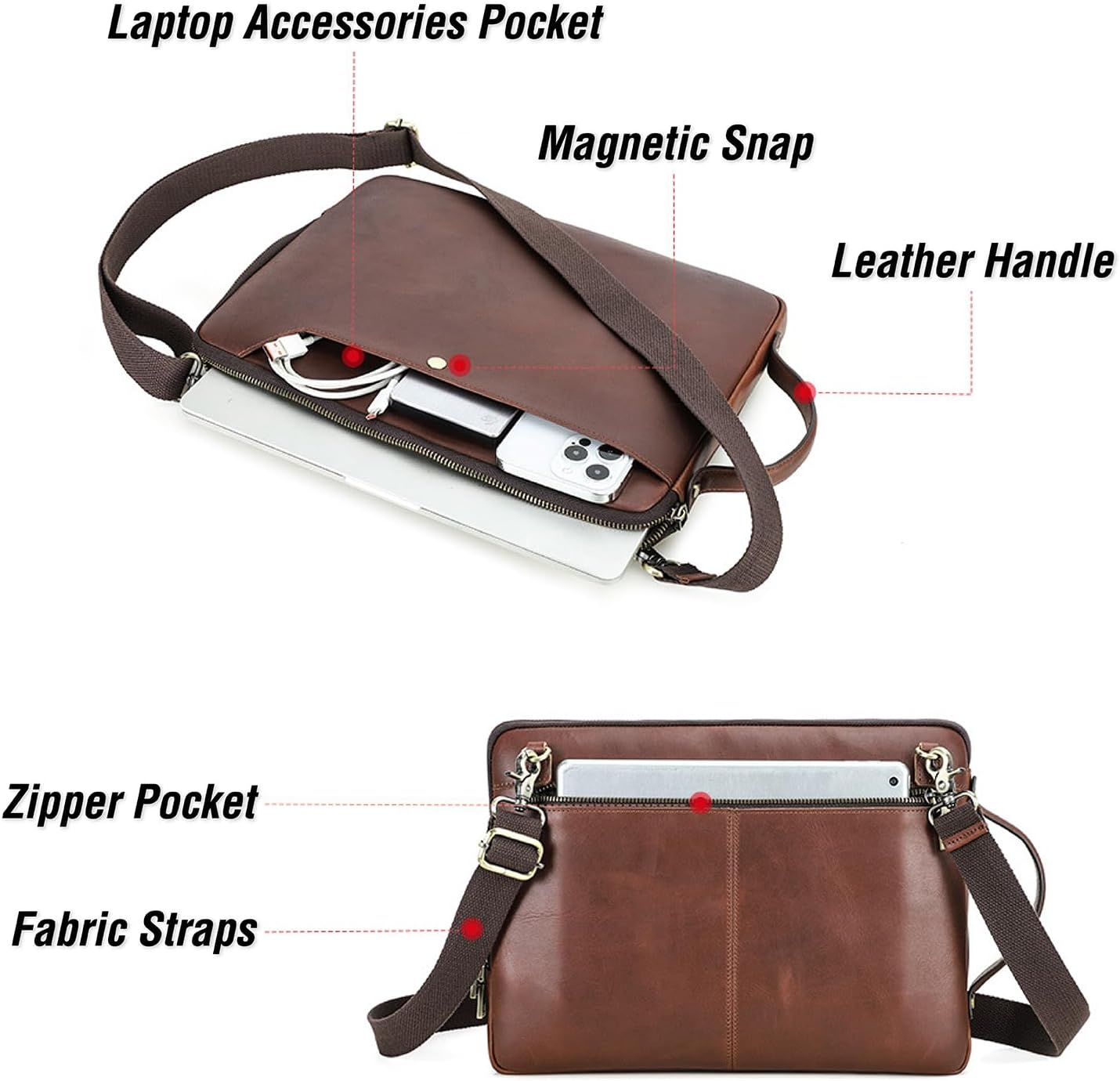 Top Grain Leather 14.2" Slim Laptop Bag Case, Handmade, Adjustable Strap & 2 Pockets, Compatible