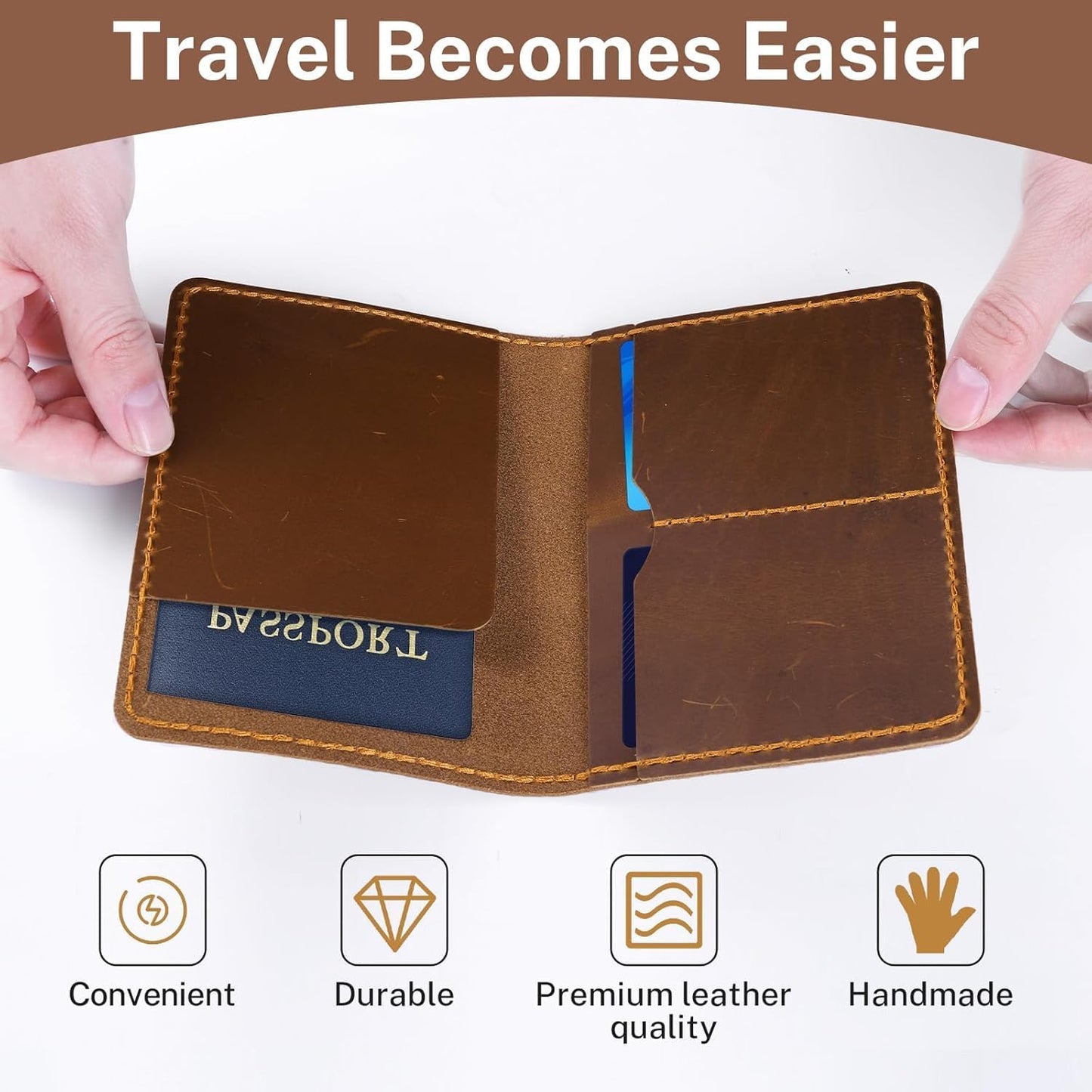 Genuine Leather Passport Holder for Travel,RFID Blocking Passport Cover, Men Passport Wallet, Folding Passport Clip with One Pocket, Two Card Slots, And One Passport Pocket(Bourbon Brown)