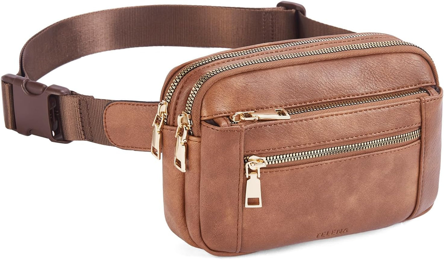Telena Fanny Packs for Women Cross Body Leather Belt Bag Fashionable with Adjustable Strap Brown