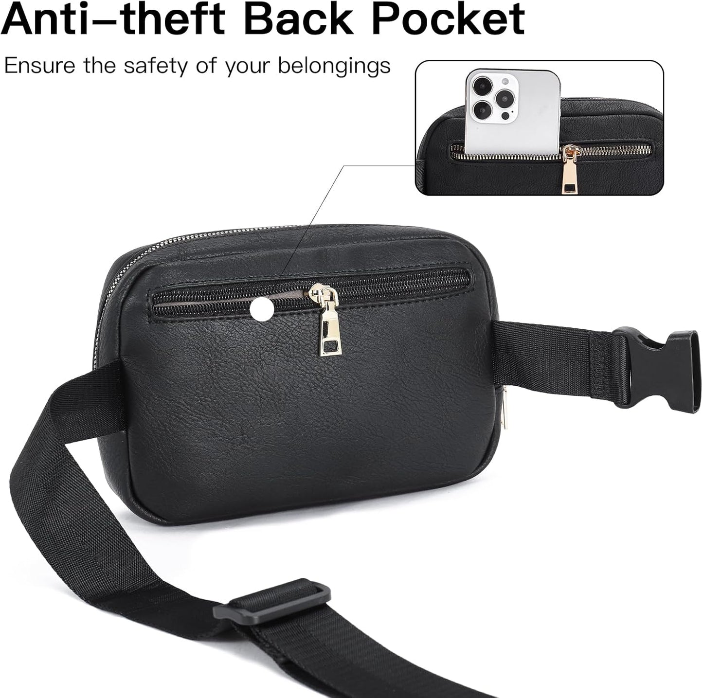 Telena Leather Belt Bag for Women Fashionable Fanny Packs Cross Body Bag Waist Pack Black
