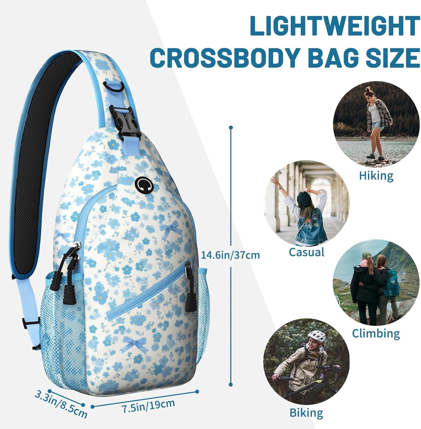 Blue Floral Sling Bag Crossbody Chest Bag for Women Men, Water Resistant Lightweight Casual Crossbody Bag with Adjustable Strap, Travel Hiking Daypack Shoulder Backpack