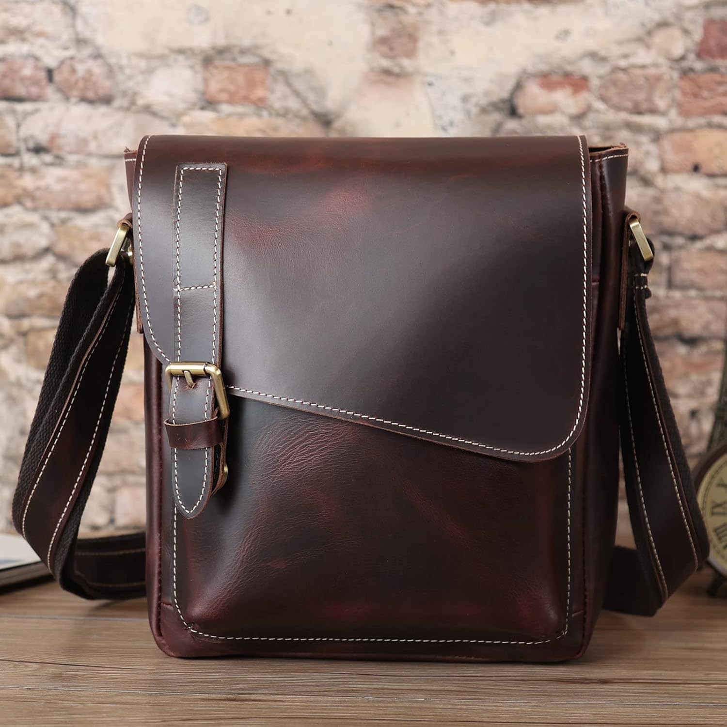 Masa Kawa Leather Messenger Bag Small Crossbody Shoulder Bag for Men Women Flap Over Man Purse Fits