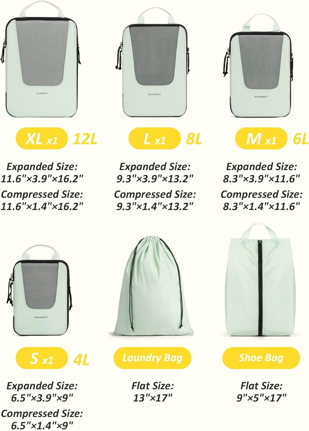 BAGSMART Compression Packing Cubes for Travel, 6 Set/5 Set/4 Set, Compression Suitcase Organizer Bags Set for Suitcases Travel Essentials, Lightweight Packing Organizers