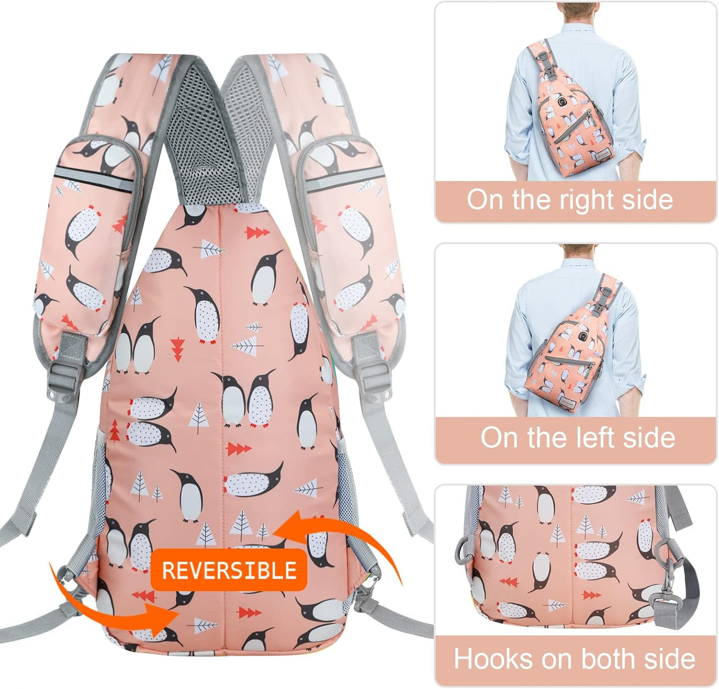 ZOMAKE Sling Bag, Penguin Pink, Nylon, 5 Separate Compartments, 10" iPad Compartment, Anti-Theft, Adjustable Reversible Shoulder Strap, Water Resistant