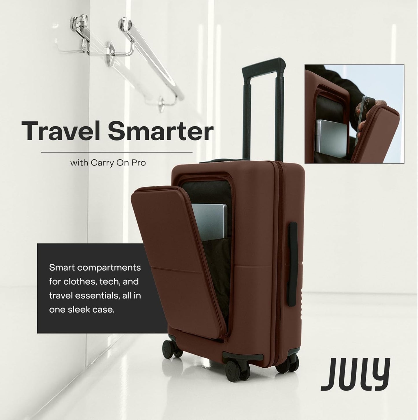 Carry On Pro - 20" Hardshell with Front Pocket, Airline Approved Carry On Luggage with Wheels, TSA Lock Rolling Suitcase, Silent Spinner Wheels, USB Ports & Ejectable Battery - Dark Brown