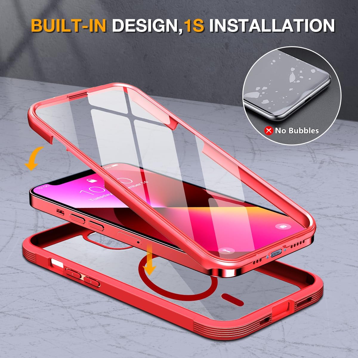 Miracase Magnetic Case for iPhone 13 Mini 5.4 Inch,with MagSafe,Built in Screen Protector,Full Body Protection(Red)