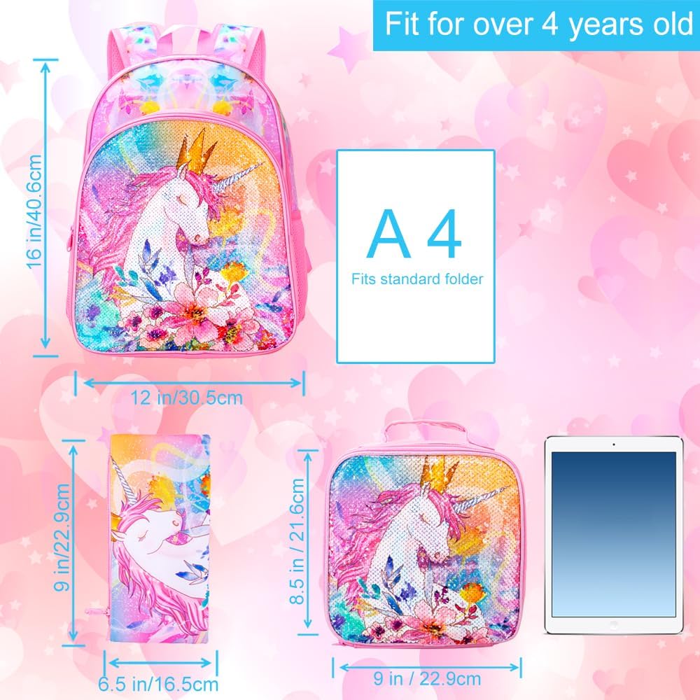 CCJPX 3PCS Unicorn Backpack for Girls, 16”Kids Preschool Sequin Bookbag and Lunch Box for