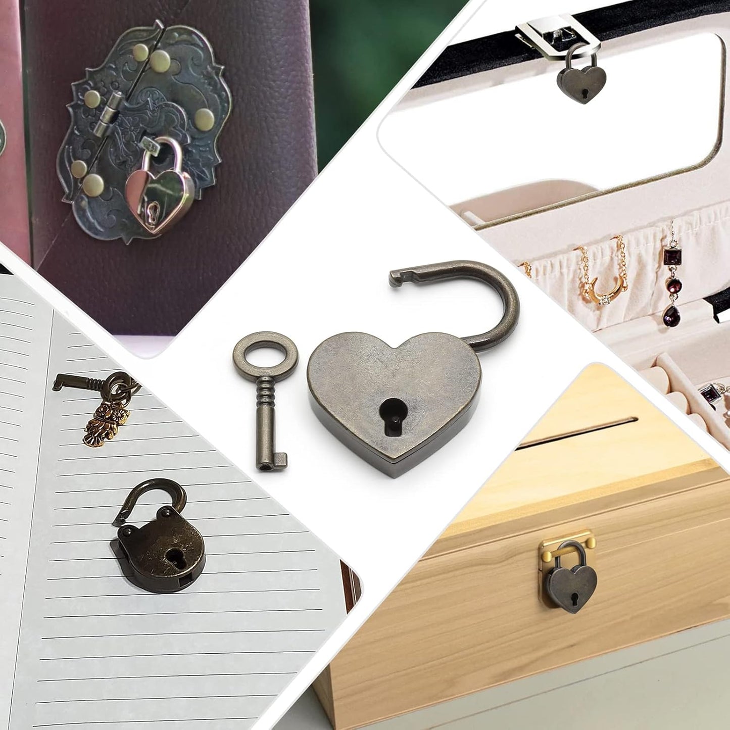 4 Pcs Vintage Antique Padlocks Key Lock with Key, Mini Love Heart Head Luggage Locks, Antique Style
